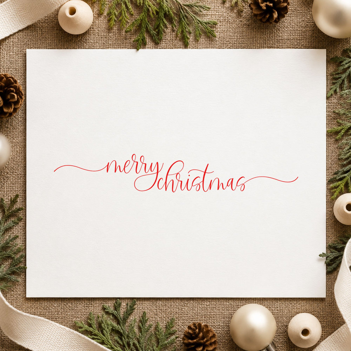 Merry Christmas Fine Flourishes craft stamp in purple ink on cardstock, an easy option for strap length printing.