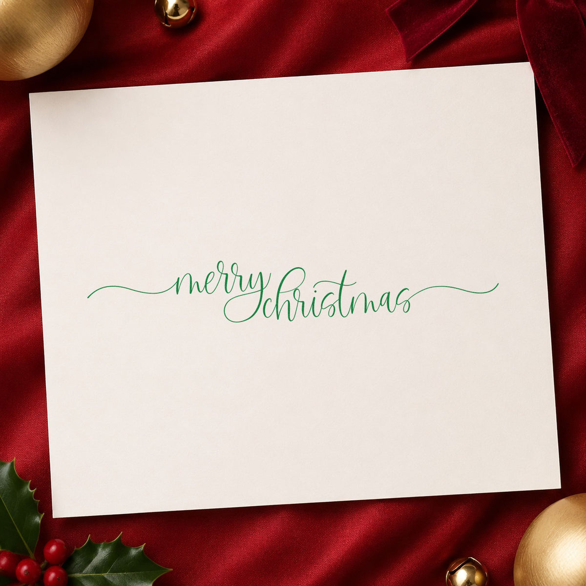 Merry Christmas Fine Flourishes craft stamp imprint in purple ink on a handmade project, one idea being marquee board slips.