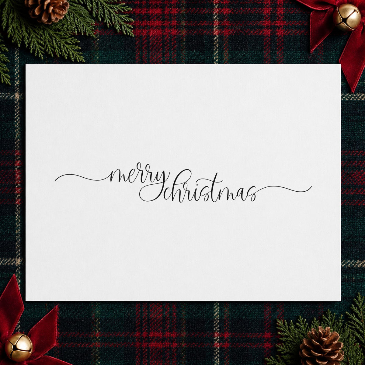 Merry Christmas Fine Flourishes rubber stamp printed in black ink, ready for small and wide cards and similar paper crafts.