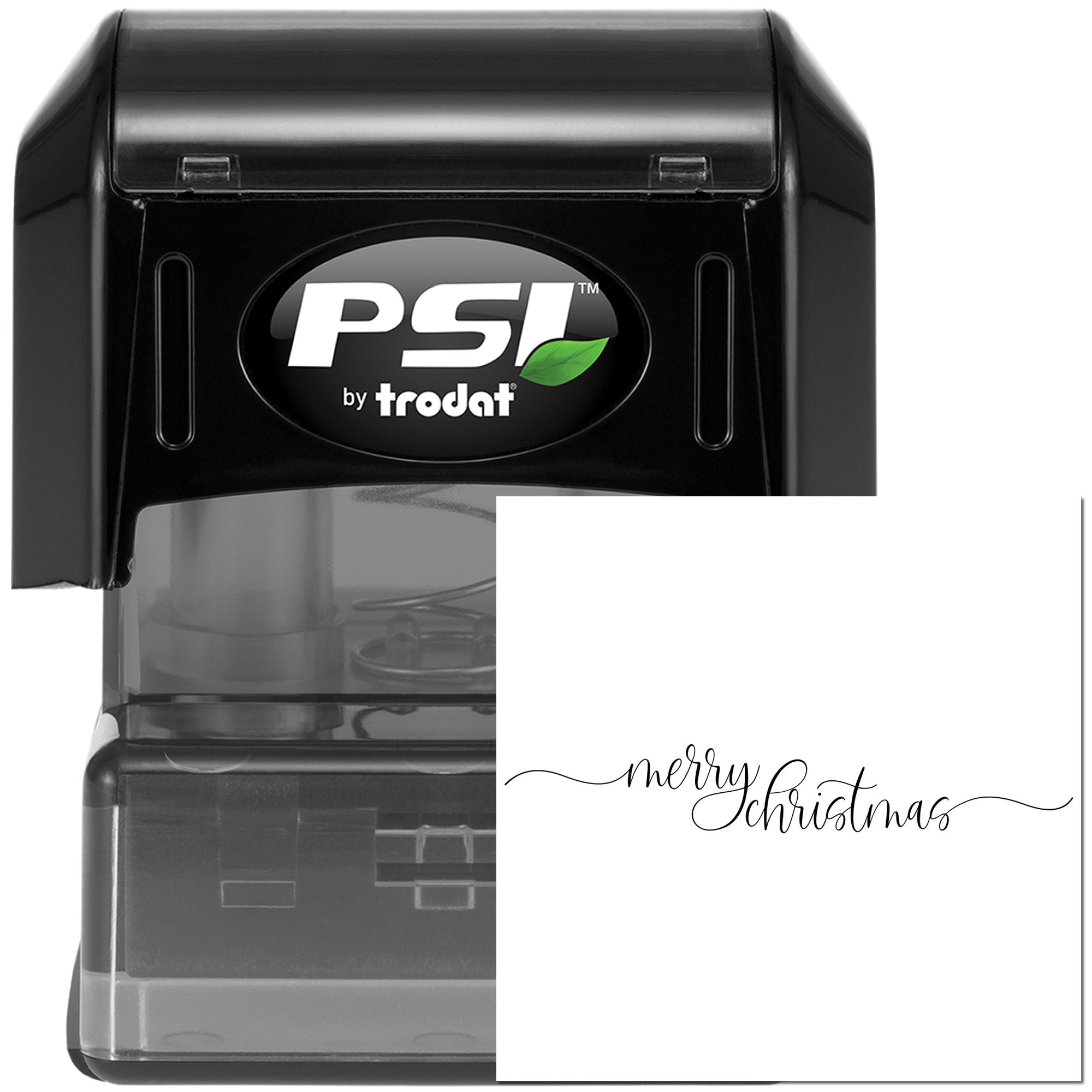 PSI by Trodat self-inking rubber stamp with Merry Christmas custom imprint for holiday cards and gift packaging