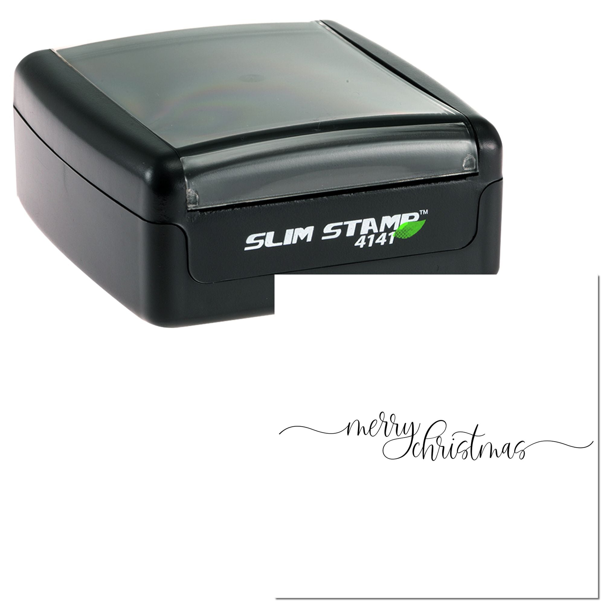 Slim Stamp 4141 self-inking rubber stamp with Merry Christmas script for holiday cards and crafts.