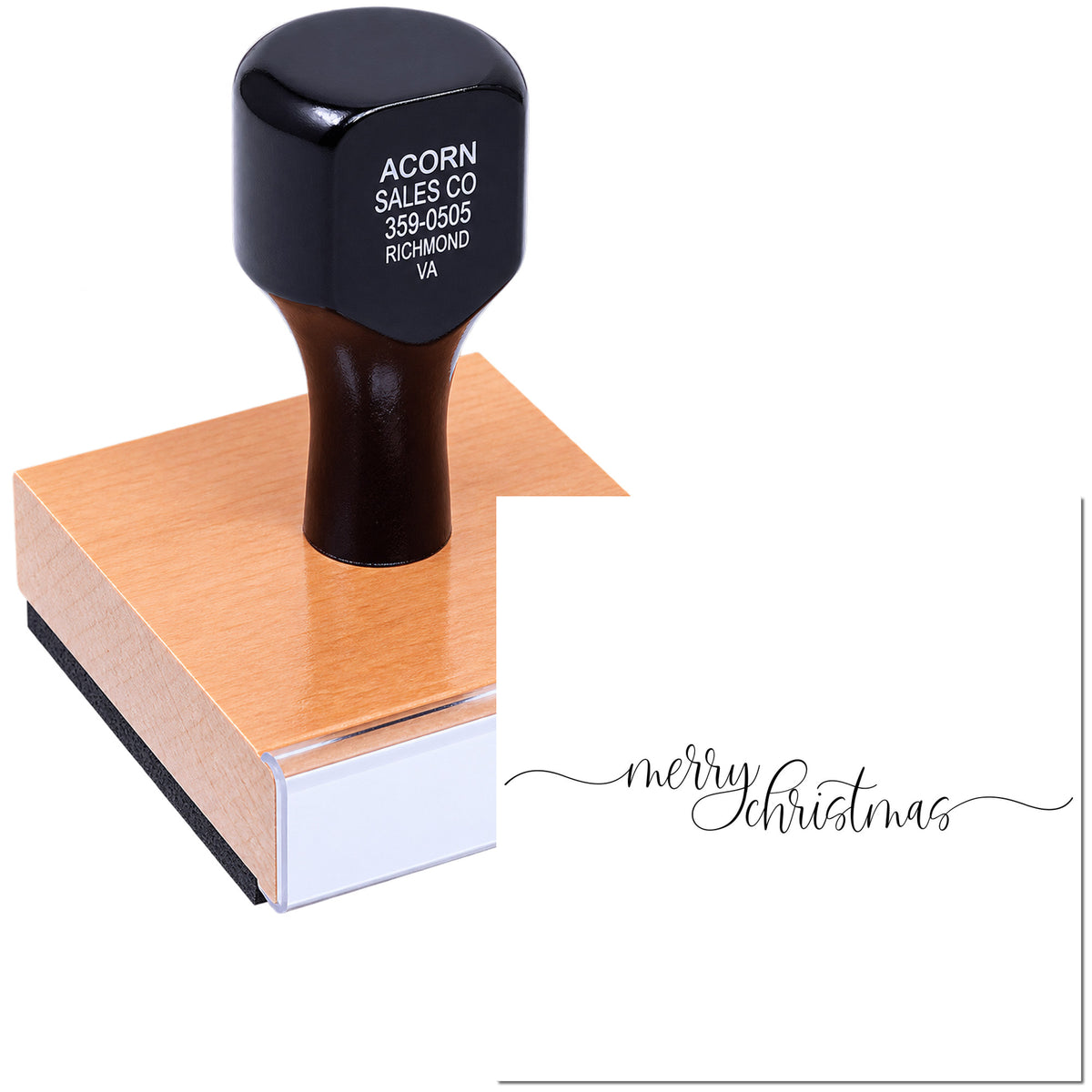 Merry Christmas custom rubber stamp for holiday cards, gift tags, and festive packaging.
