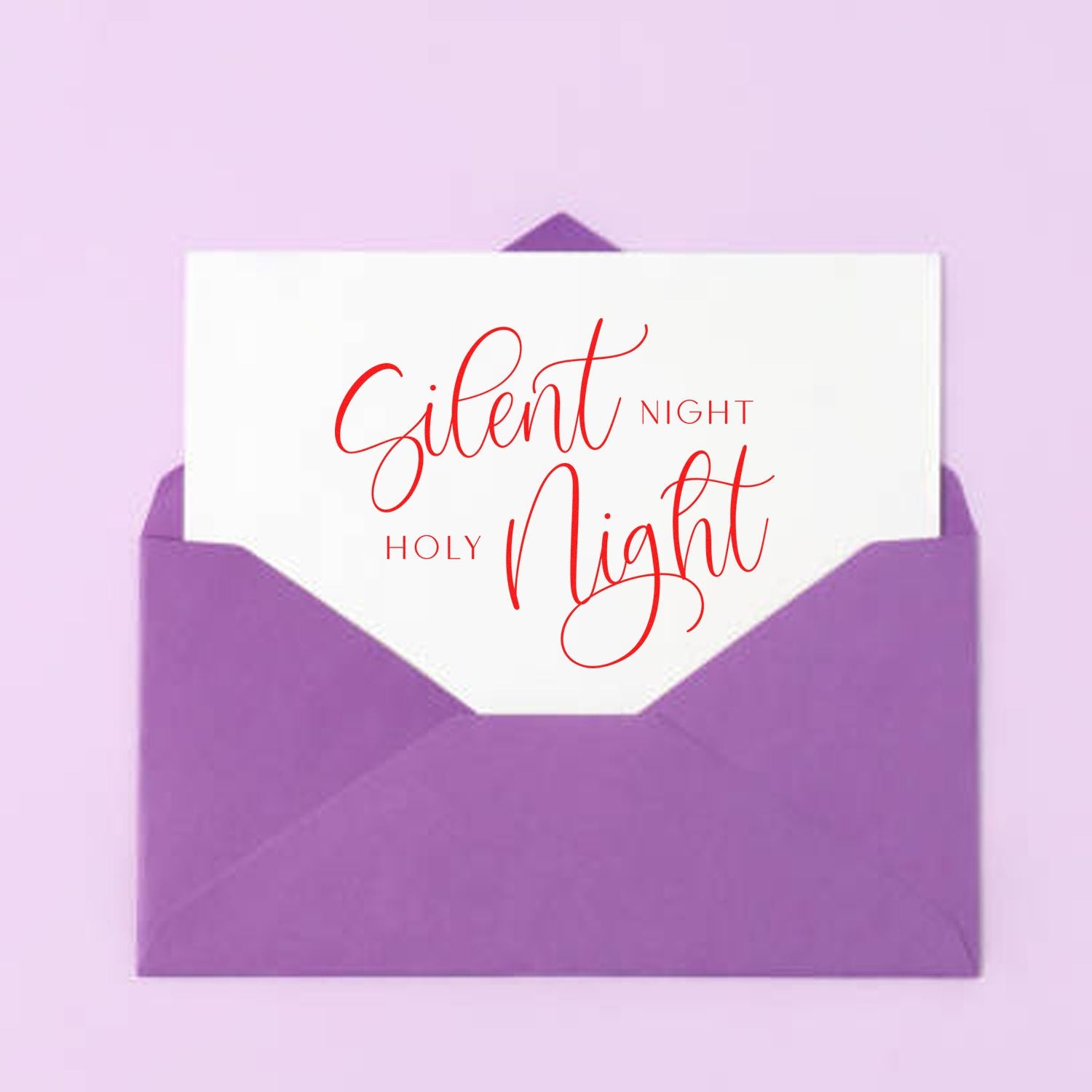 Christmas rubber stamp design with Silent Night Holy Night greeting card in a purple envelope for holiday stationery.