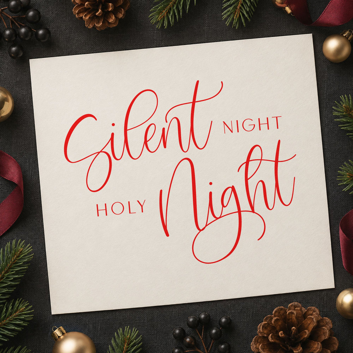 Silent Night Holy Night Calligraphy craft stamp in red ink on cardstock, an easy option for stripe band printing.
