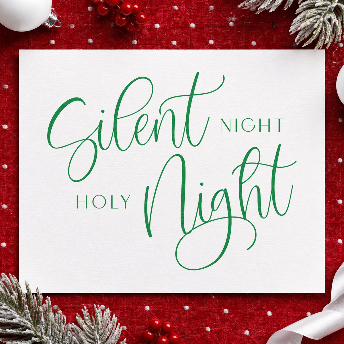 Silent Night Holy Night Calligraphy craft stamp imprinted in green ink on paper, a design suited to framed pattern piece.