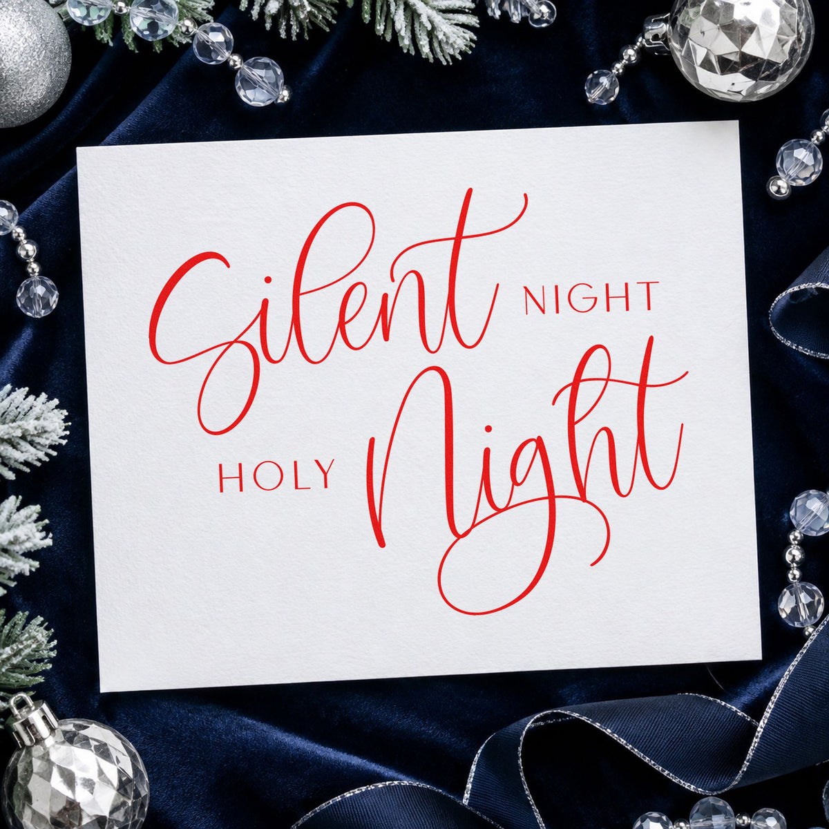 Silent Night Holy Night Calligraphy rubber stamp shown in red ink, stamped for projects such as shelf level labels.
