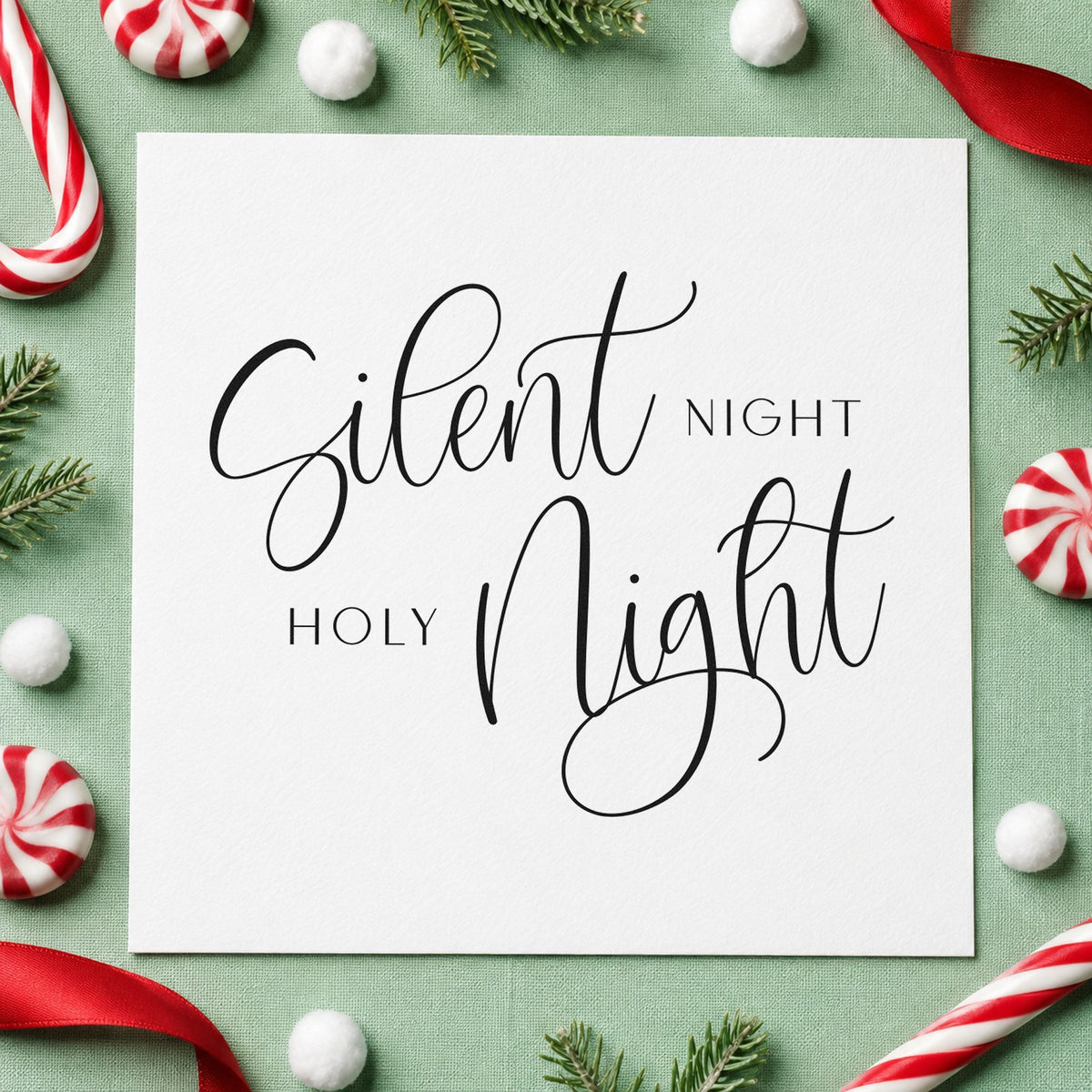 Silent Night Holy Night Calligraphy rubber stamp printed in black ink, ready for alternating rows cards and similar paper crafts.