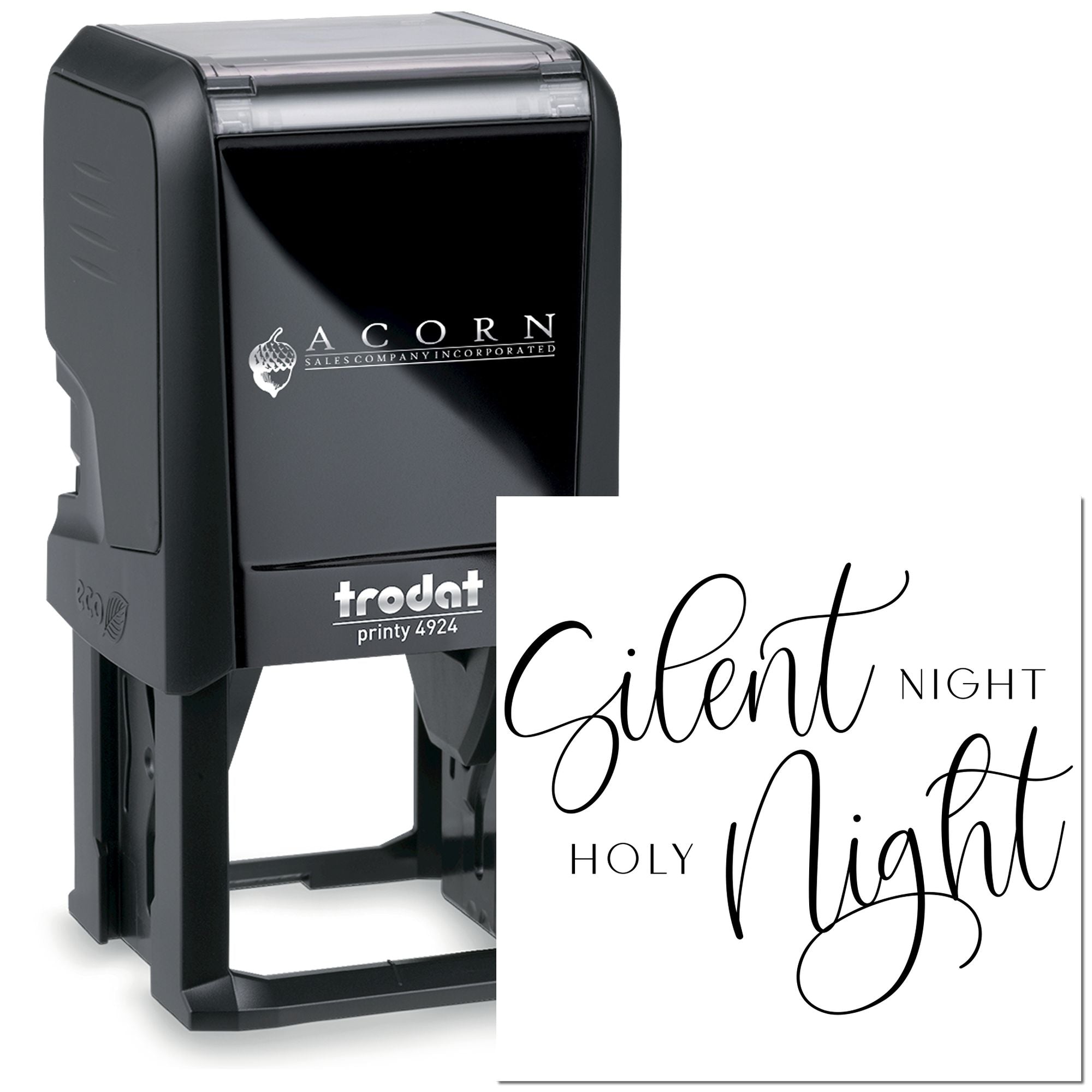 Custom self-inking rubber stamp with Silent Night Holy Night design, Trodat Printy 4924, for Christmas holiday branding.