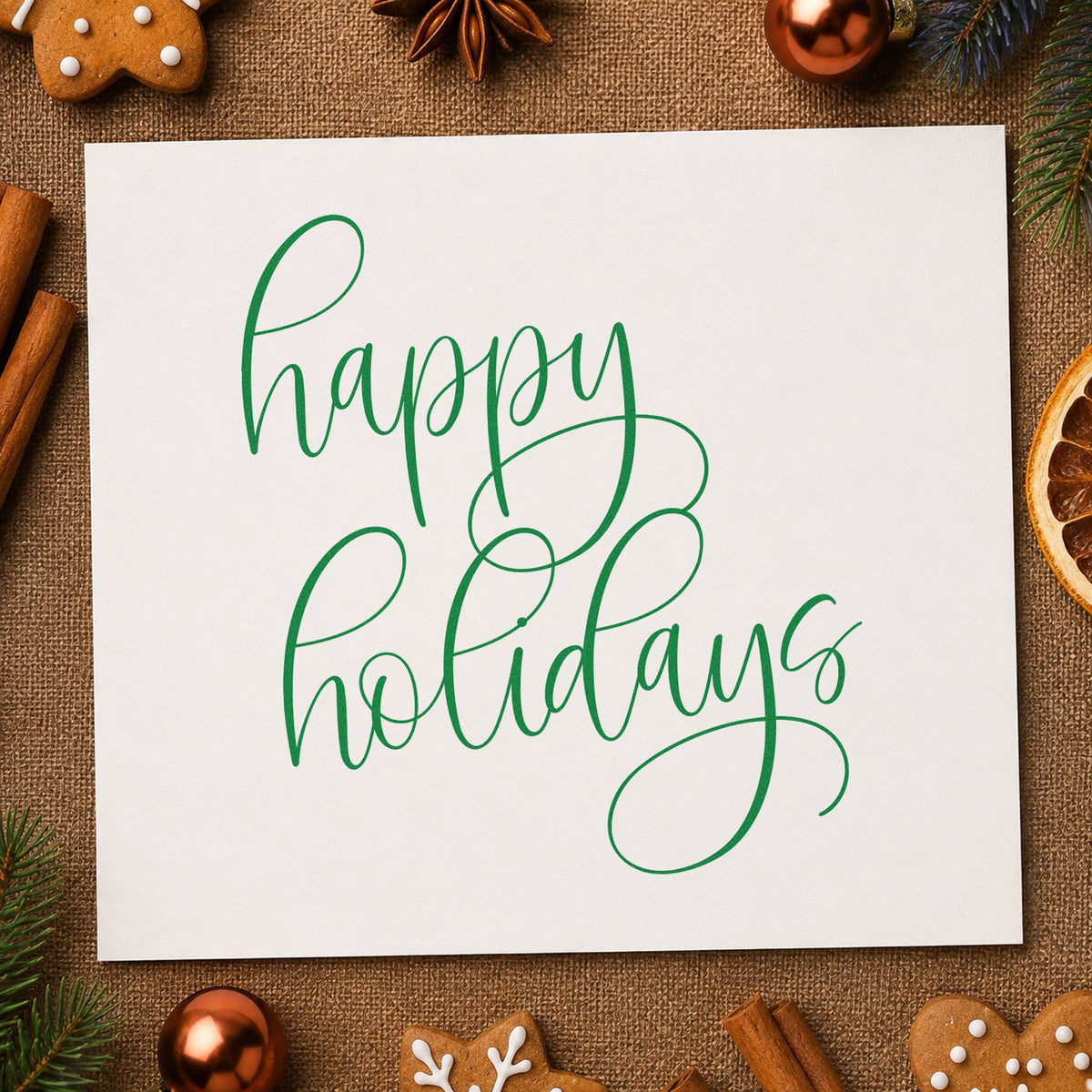 Happy Holidays Flourished Calligraphy craft stamp in green ink on cardstock, an easy option for fine line album.
