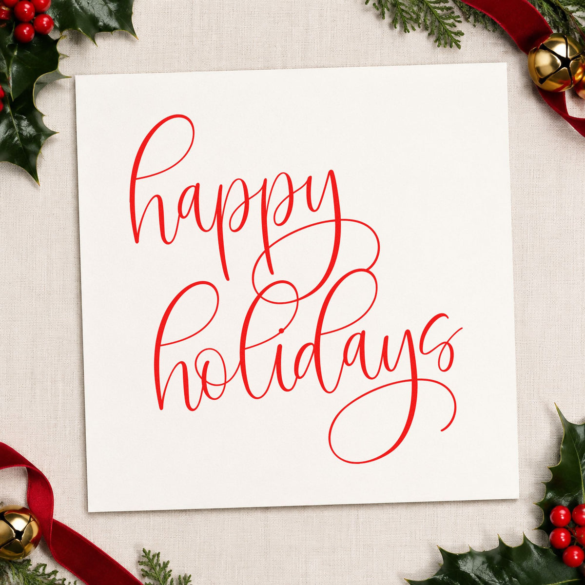 Happy Holidays Flourished Calligraphy craft stamp in red ink on cardstock, an easy option for voile trim printing.