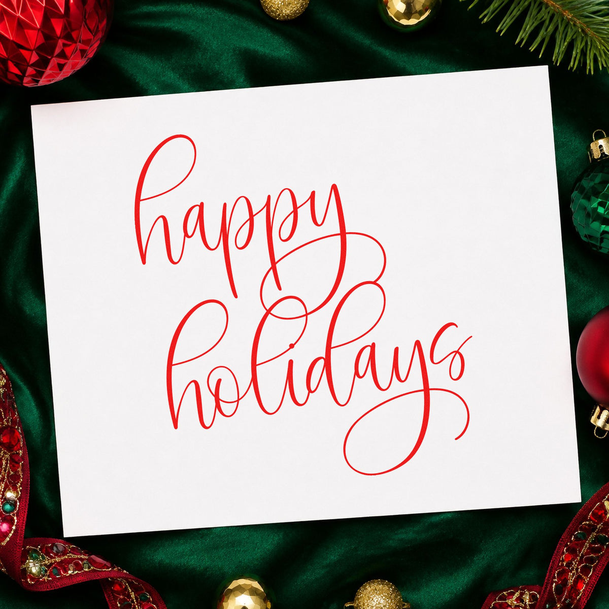 Happy Holidays Flourished Calligraphy rubber stamp shown in red ink, stamped for projects such as sachet sleeve labels.