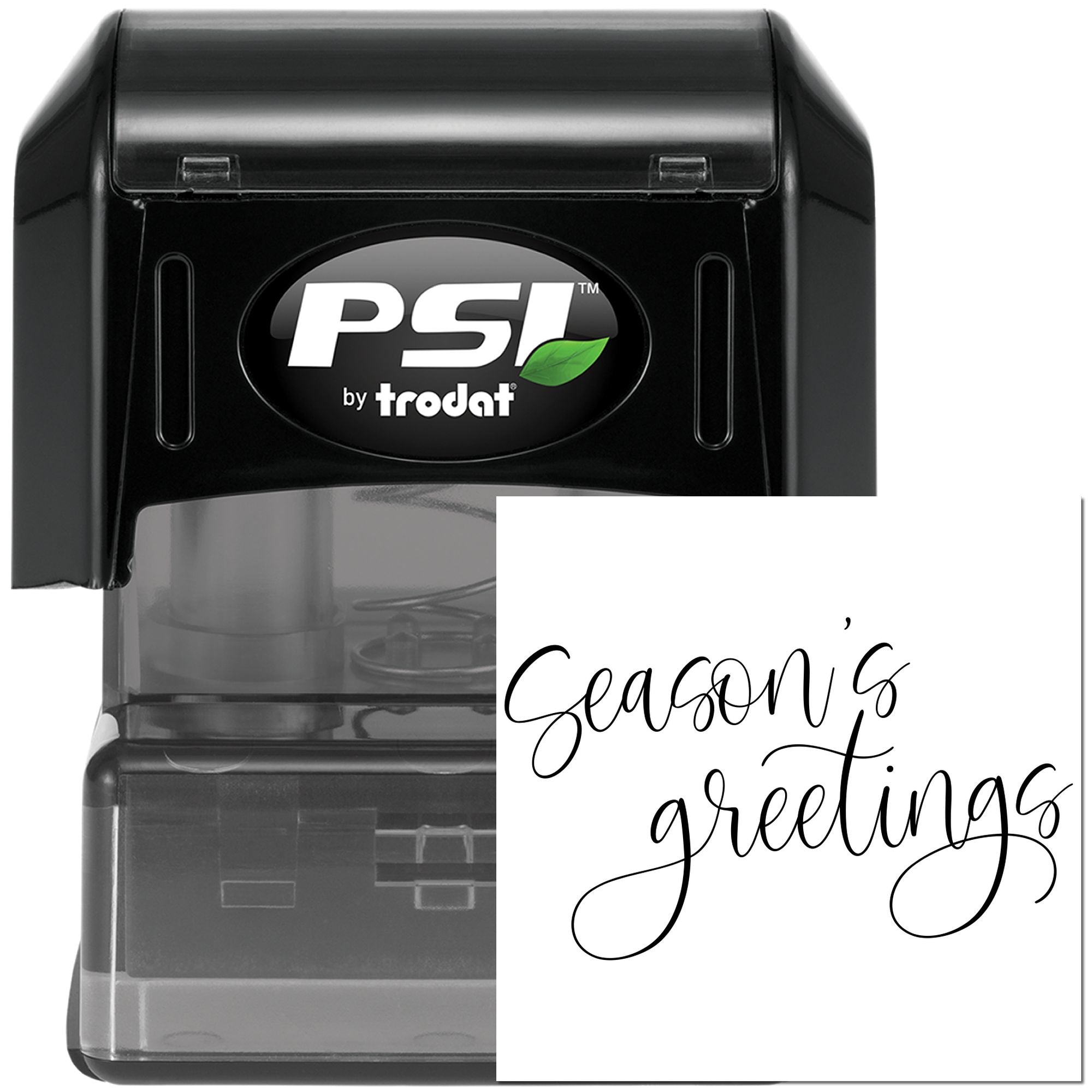 PSI by Trodat self-inking rubber stamp with custom Seasons Greetings script for holiday cards and business mailings.