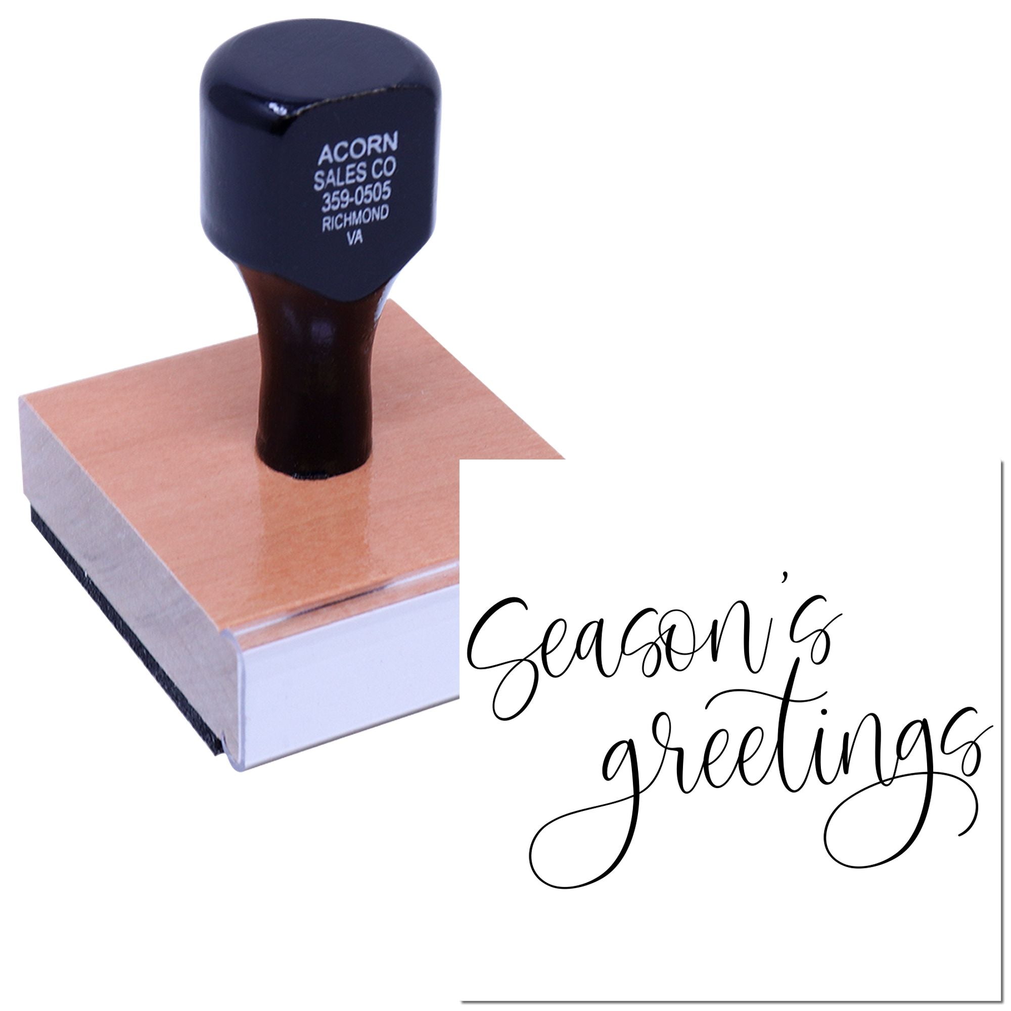 Custom rubber stamp for holiday cards with Seasons Greetings script and business contact imprint