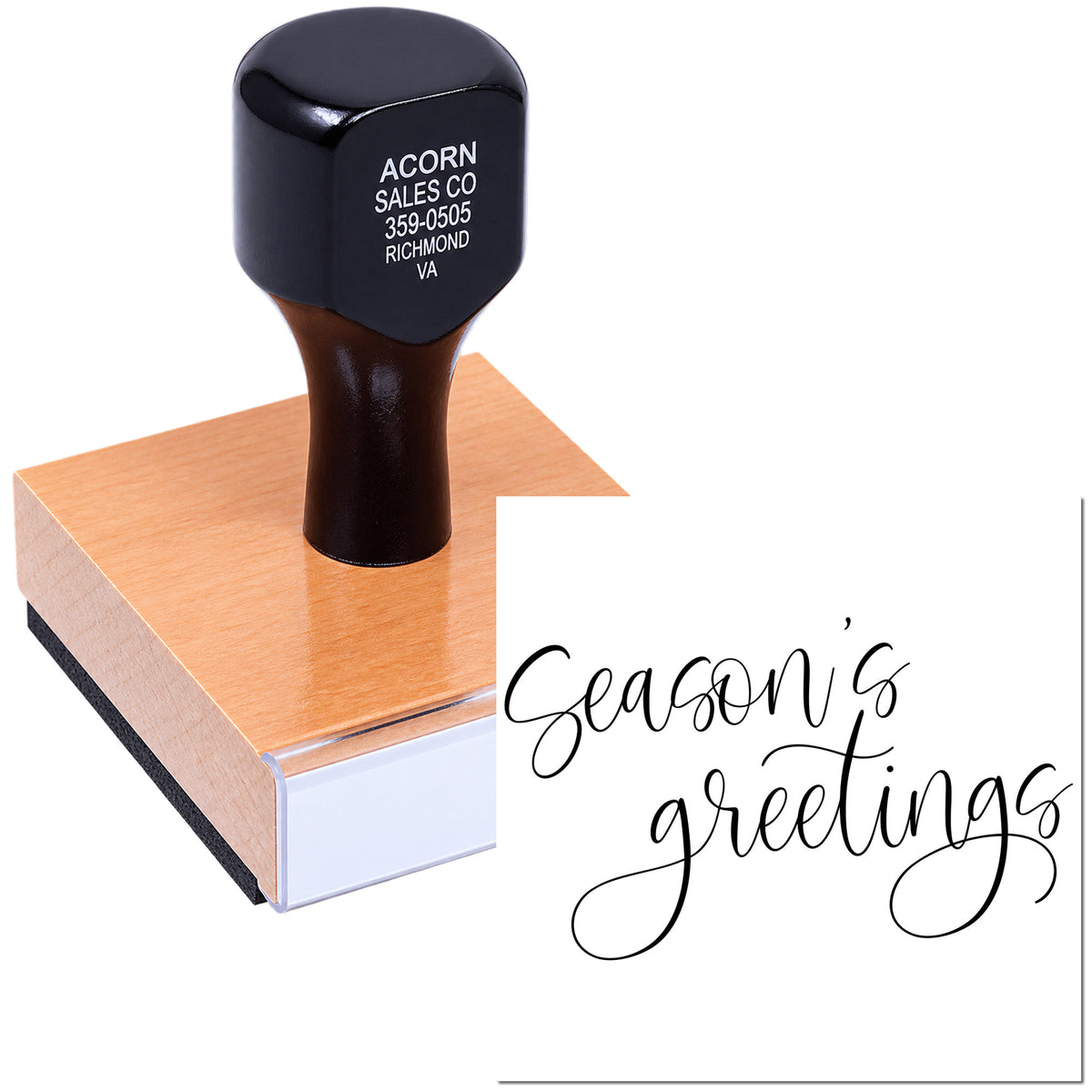 Custom rubber stamp for holiday cards with Seasons Greetings script and business contact imprint
