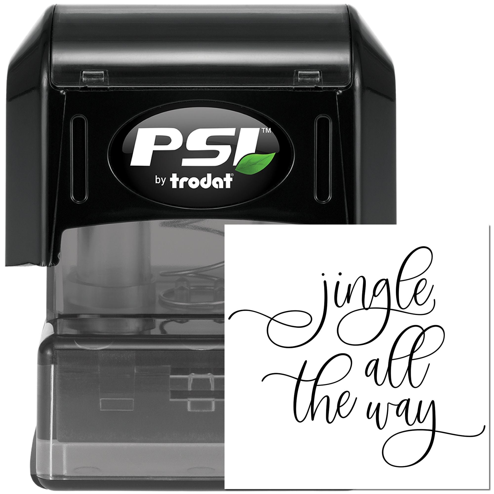 PSI Trodat custom self-inking rubber stamp with Jingle All the Way design for holiday cards, gift tags, and packaging.