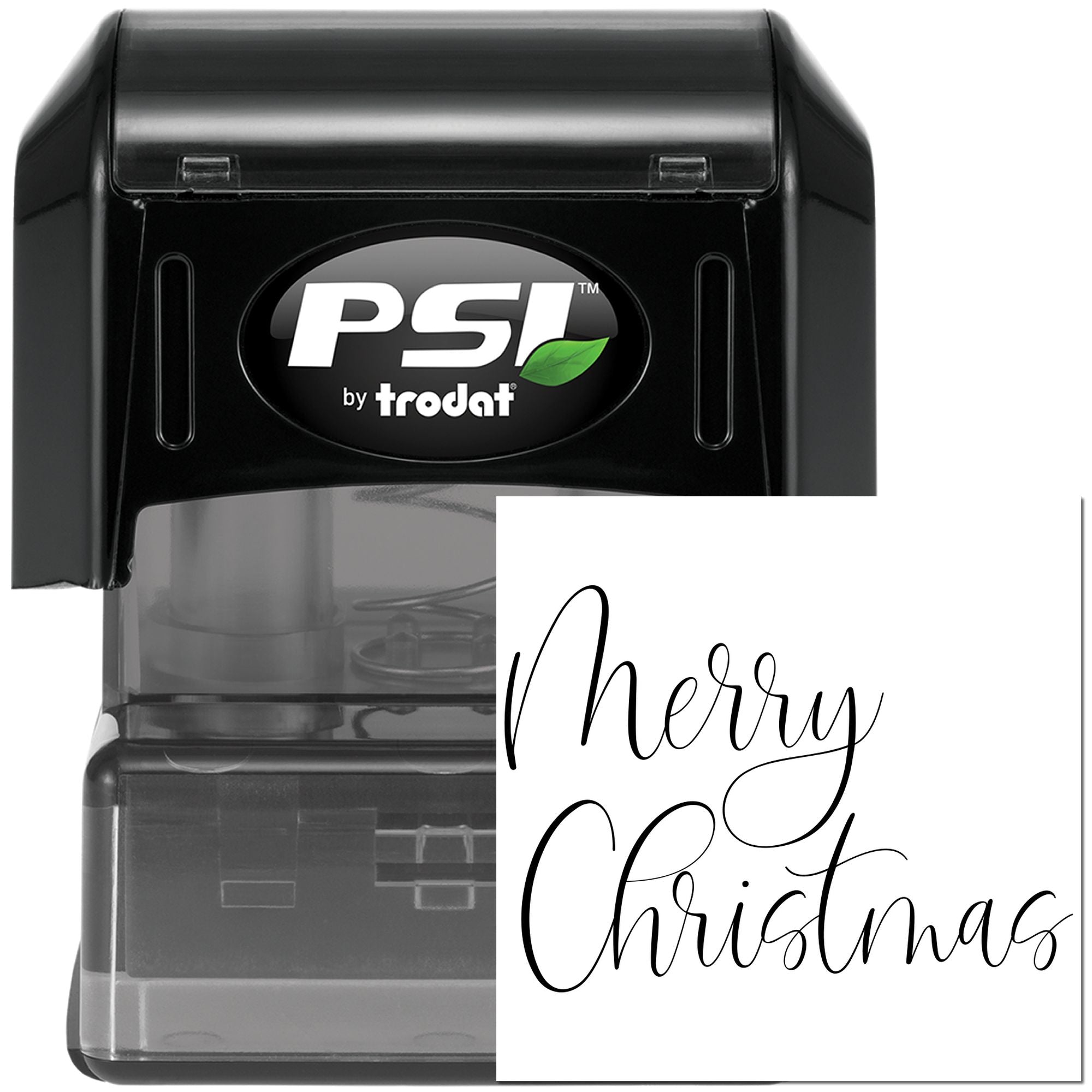 PSI by Trodat self-inking rubber stamp with Merry Christmas script impression for holiday card making.
