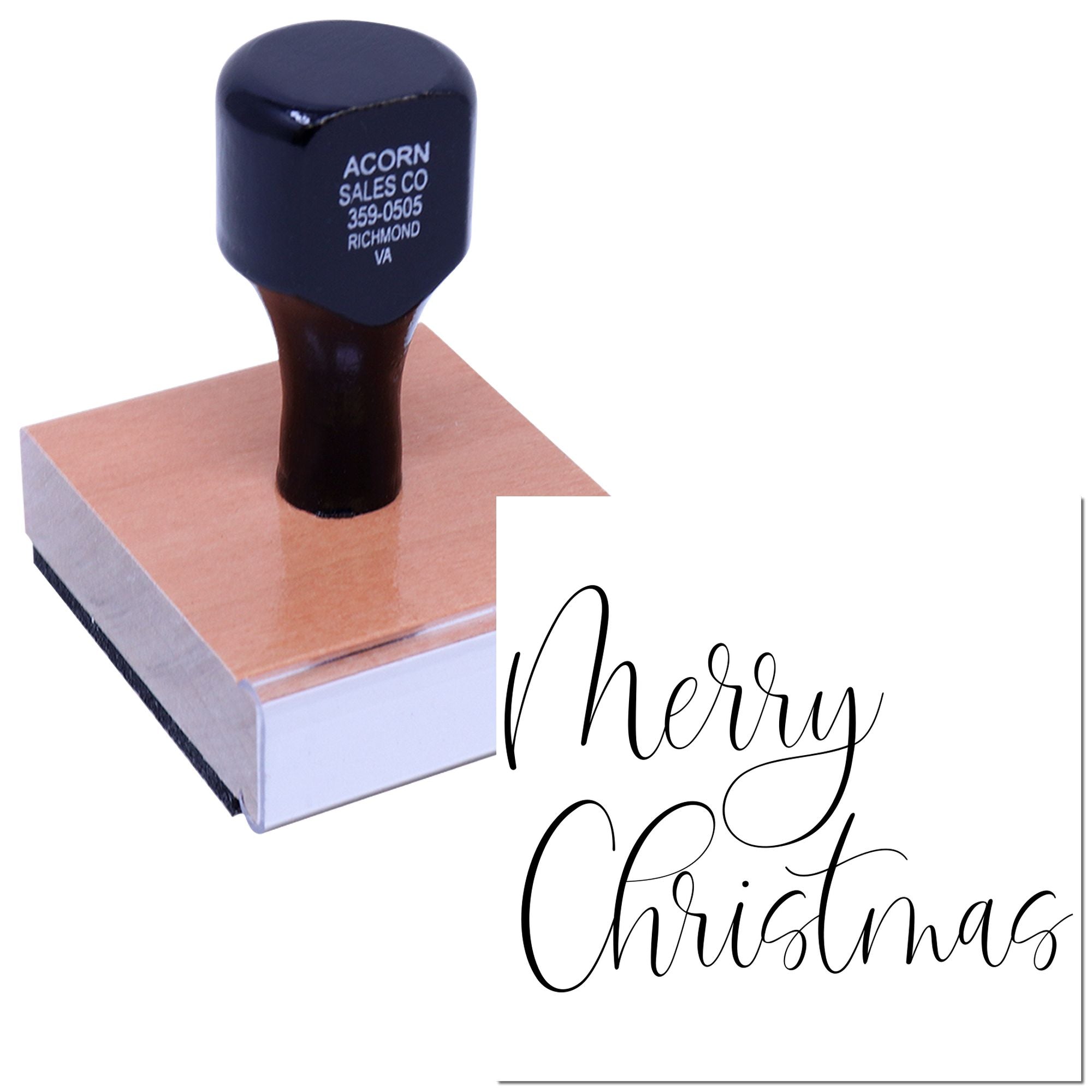 Custom Merry Christmas rubber stamp with script holiday message for cards, packaging, and festive business branding.