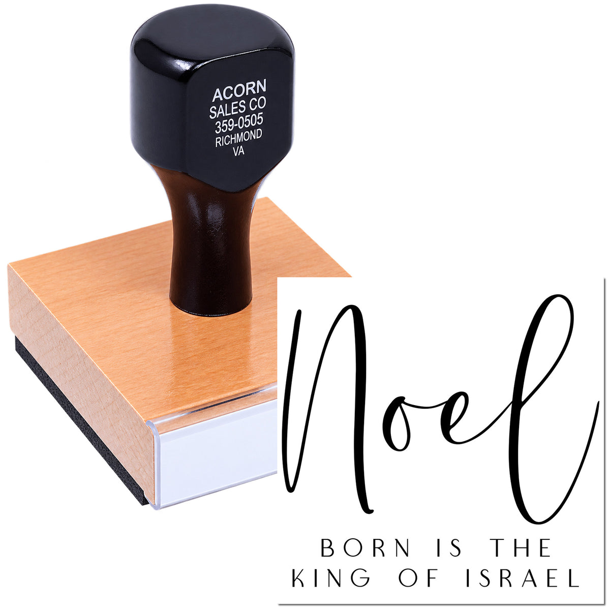 Wood-mounted rubber stamp with Noel and Born is the King of Israel for Christian Christmas cards and crafts.