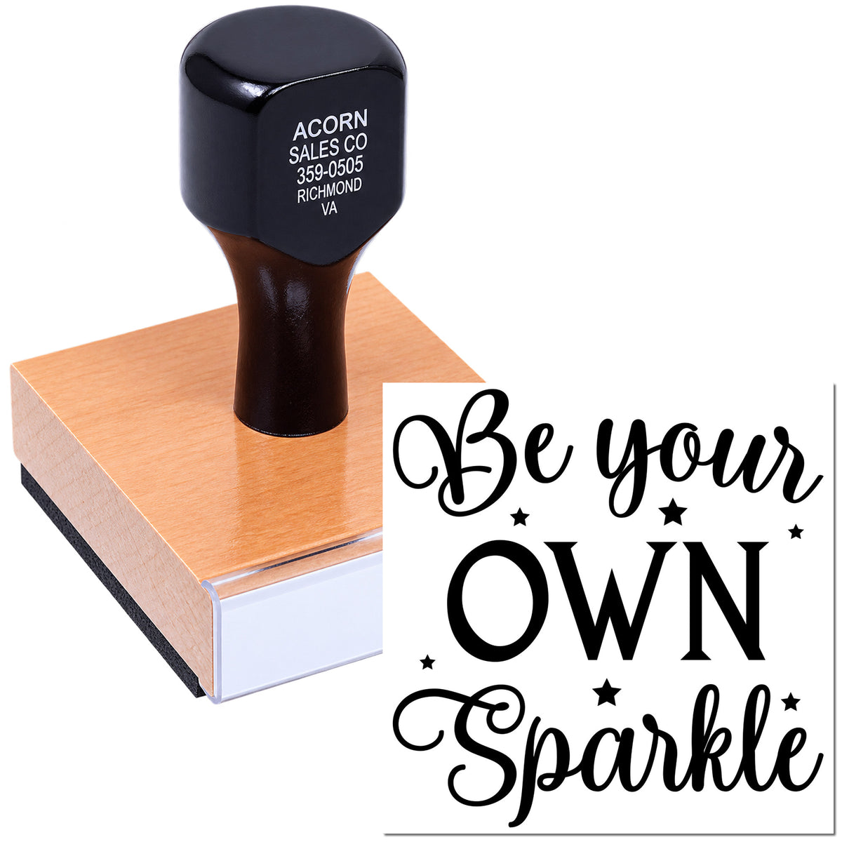 Personalized rubber stamp with Be Your Own Sparkle design, shown on a custom logo stamp mounted on a wooden block.
