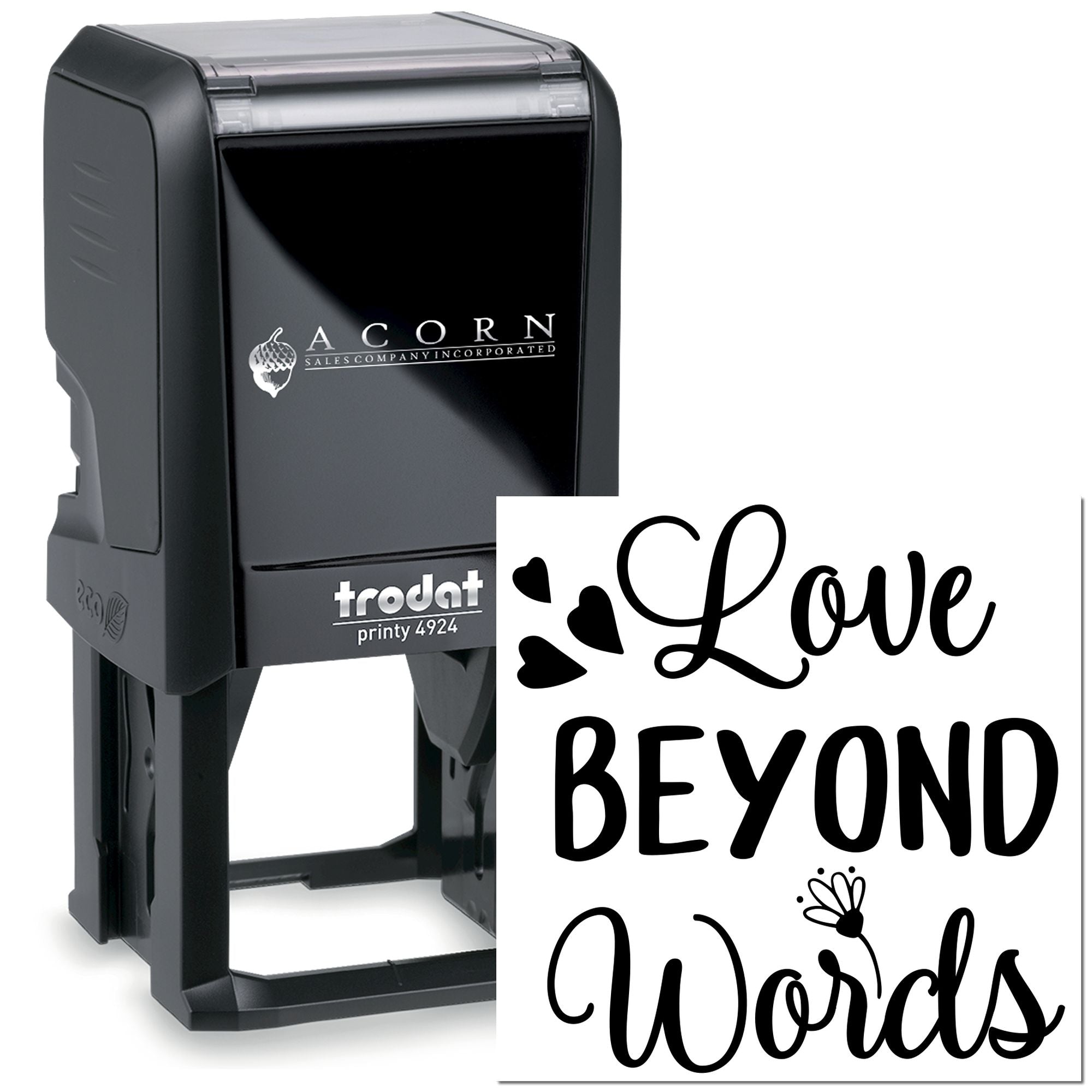 Custom self-inking rubber stamp, Trodat Printy 4924, with Love Beyond Words design and hearts for personalized stamping.