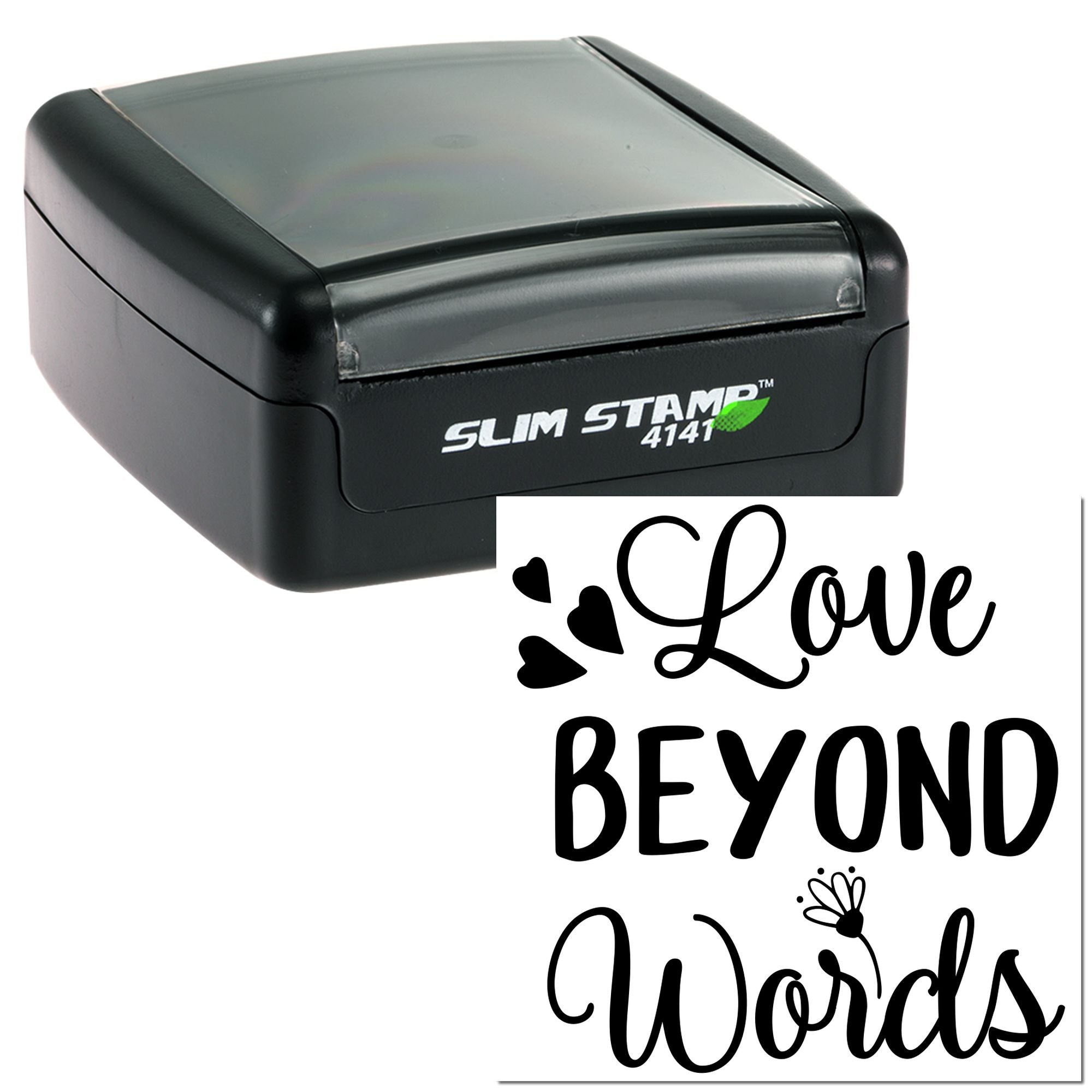 Slim Stamp 4141 self-inking rubber stamp with Love Beyond Words heart design for romantic crafts and custom stamping.