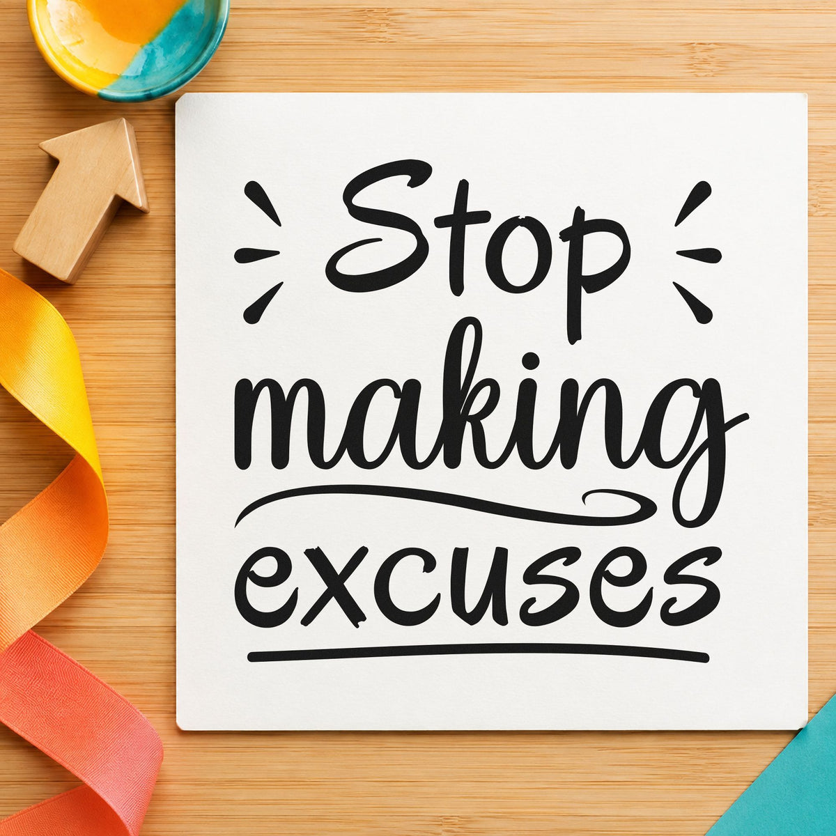 Stop Making Excuses Lettering craft stamp imprint in black ink on a handmade project, one idea being gear kit gift tags.