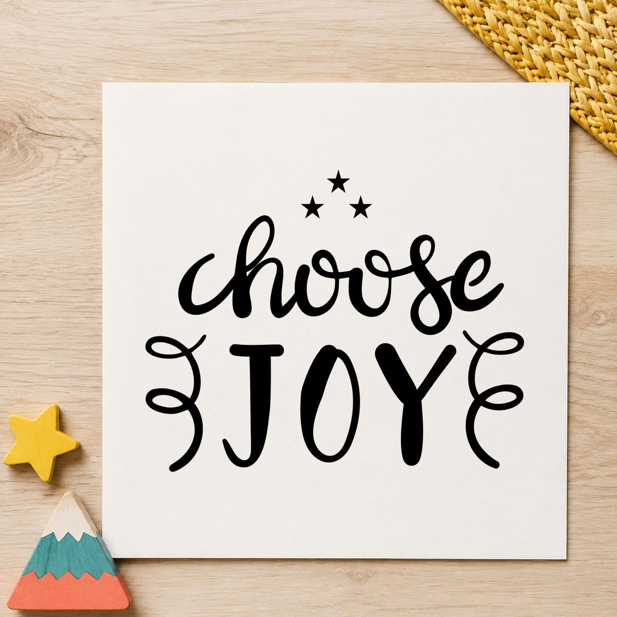 Choose Joy Stars Flourishes craft stamp imprint in black ink on a handmade project, one idea being journal gift tags.