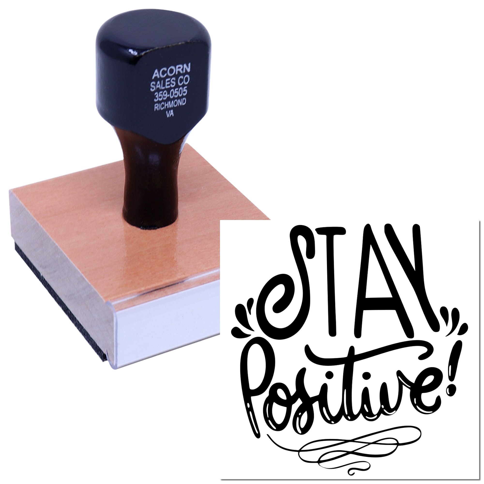 Custom rubber stamp with Stay Positive! motivational message for crafts, packaging, and business branding.