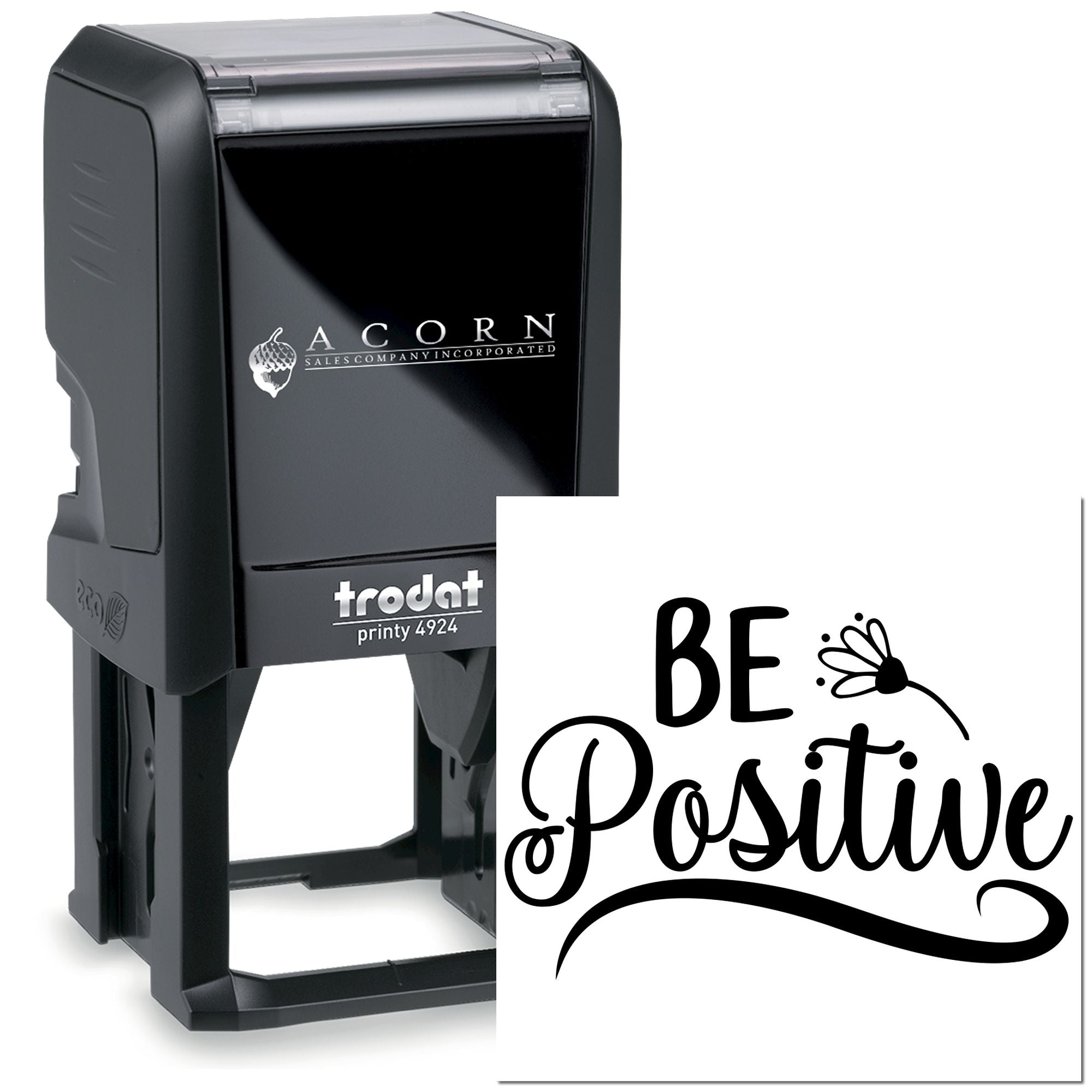 Custom self-inking rubber stamp with Be Positive script design, ideal for personalized stamping.
