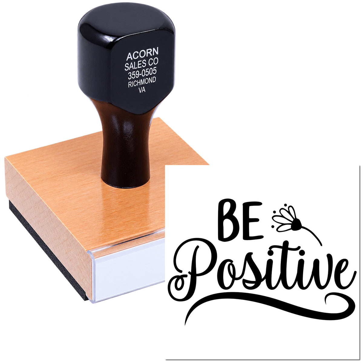 Custom rubber stamp with Be Positive message for motivational branding, packaging, and business use.