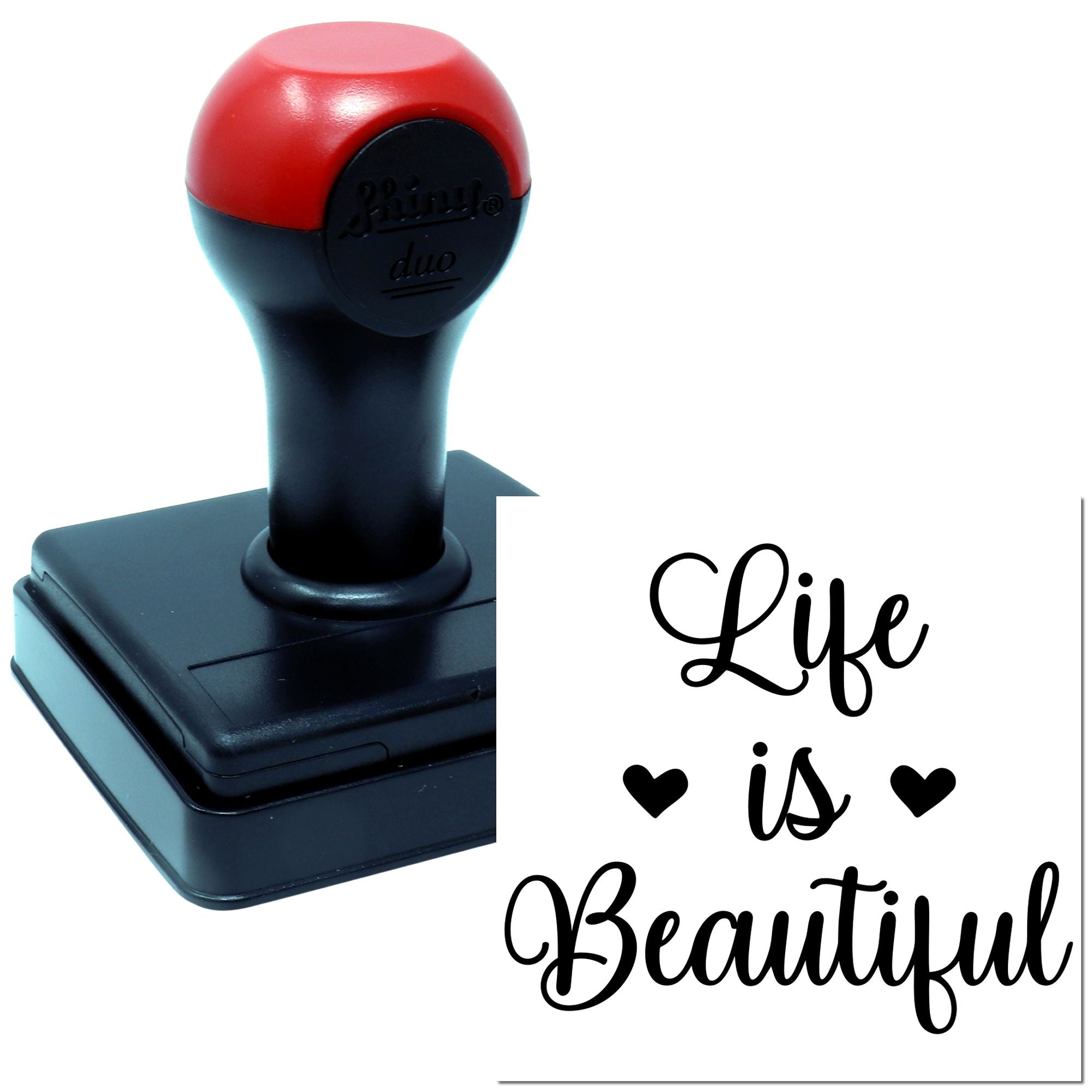 Custom self-inking rubber stamp with Life is Beautiful text and hearts for crafting, journaling, and inspirational projects.