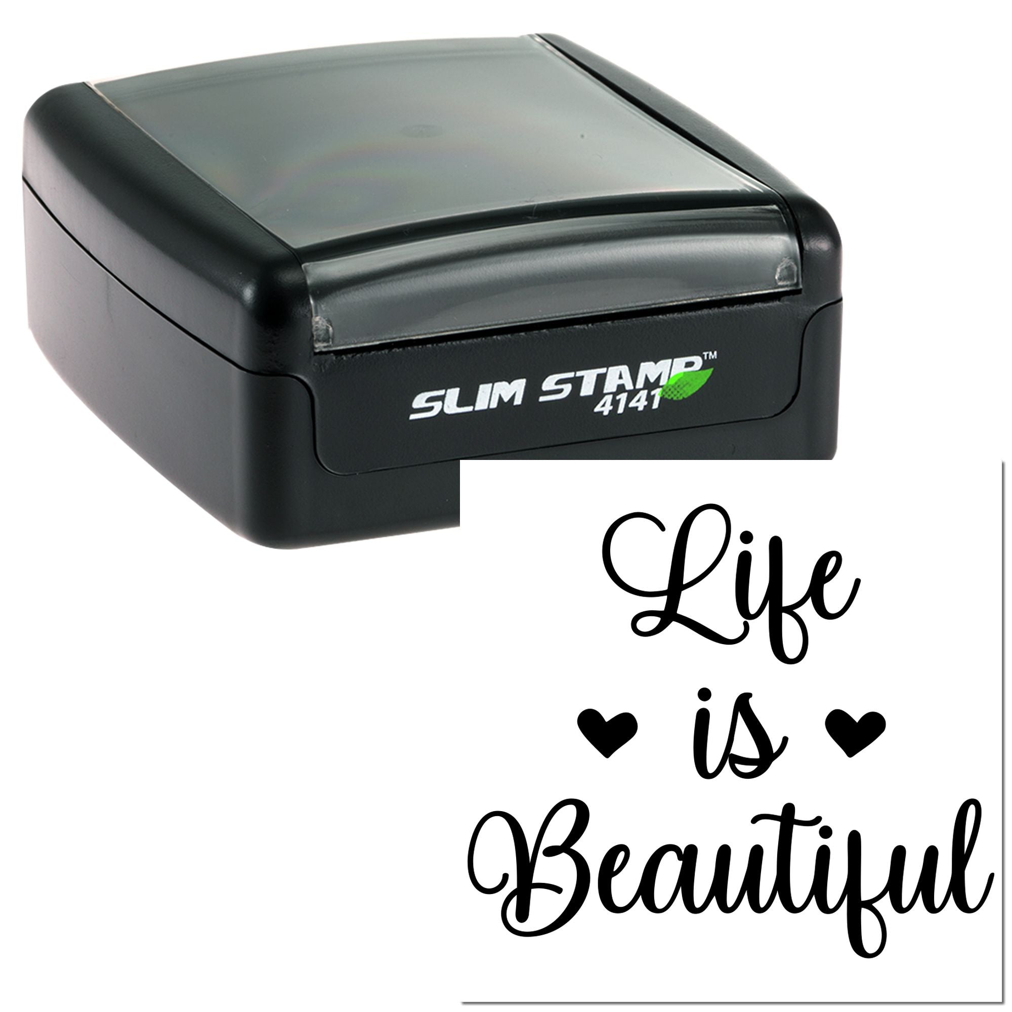 Slim Stamp 4141 rubber stamp with Life is Beautiful design and hearts for crafting, journaling, and gift packaging.