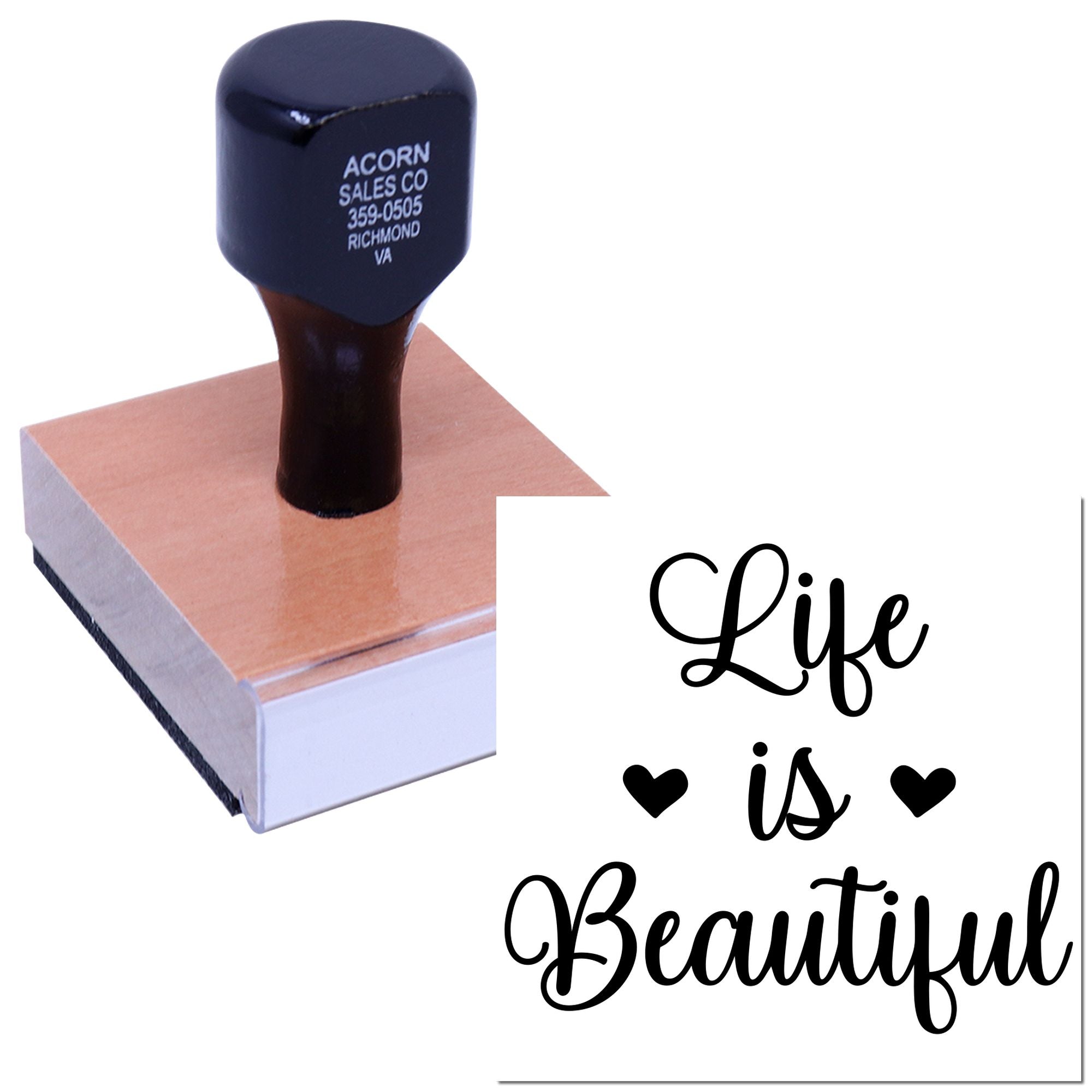 Personalized rubber stamp with Life is Beautiful script and hearts for inspirational crafts and stationery.