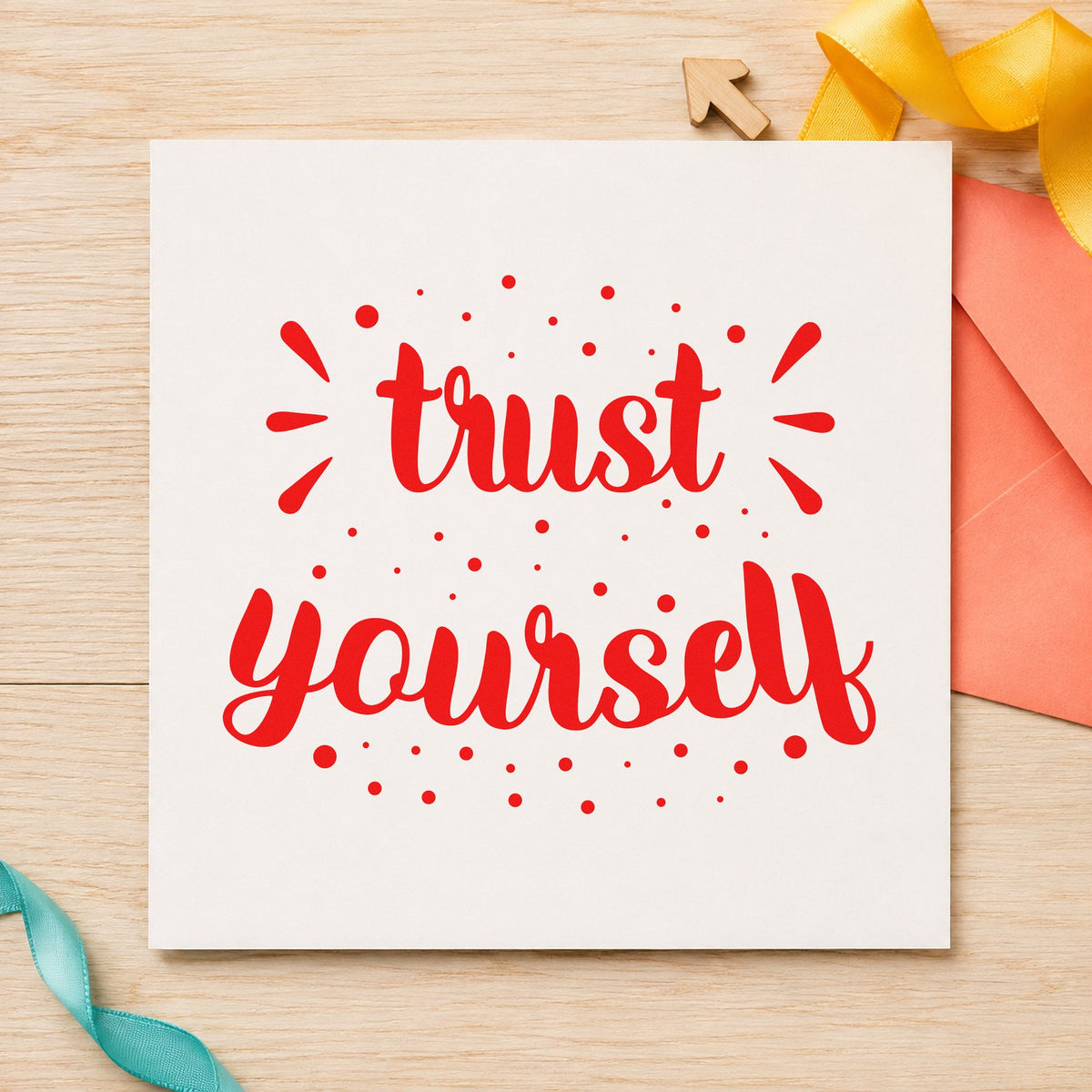 Trust Yourself Dotted Lettering craft stamp imprint in red ink on a handmade project, one idea being call time cards.