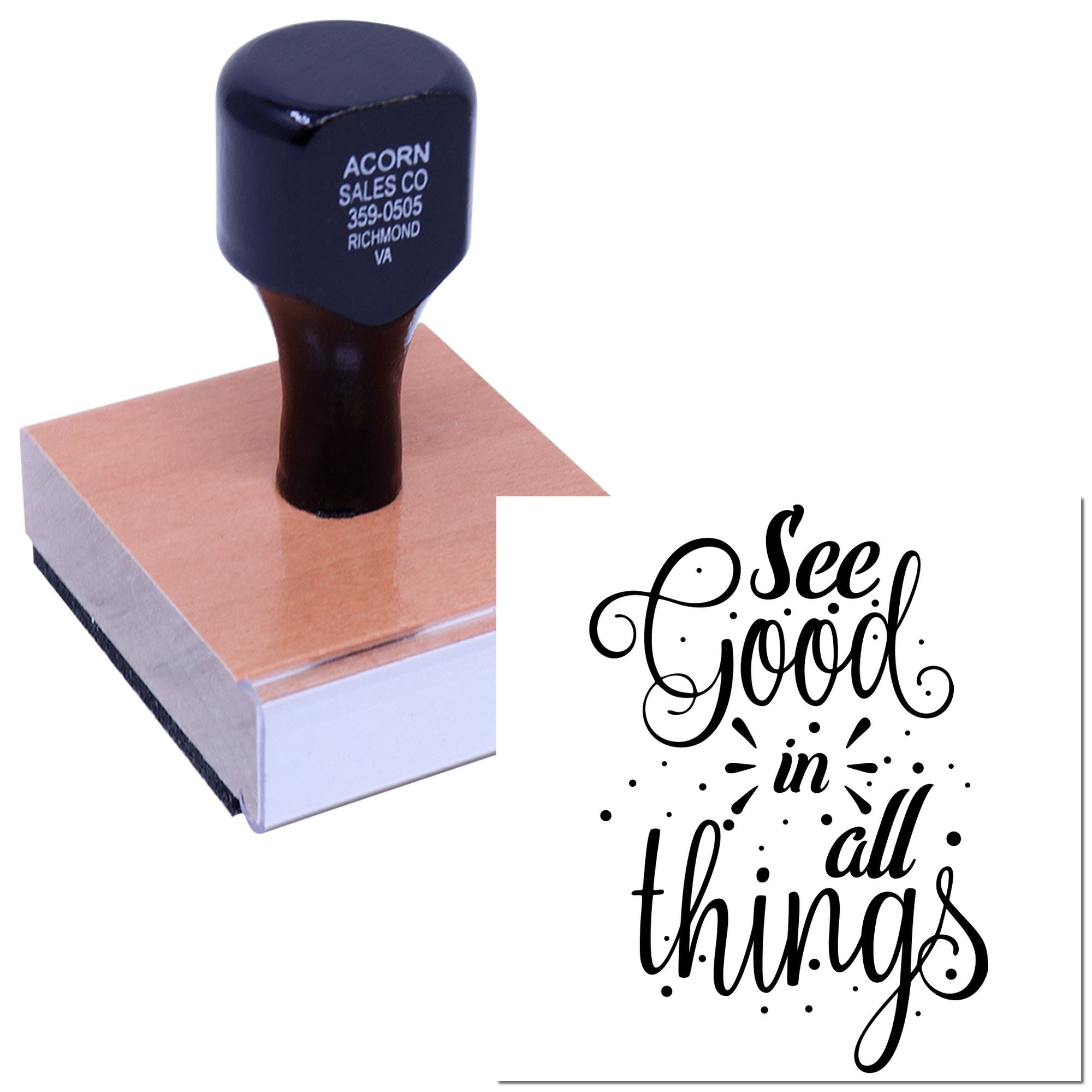 Custom rubber stamp with inspirational See Good in All Things design for crafts, journaling, and handmade packaging.