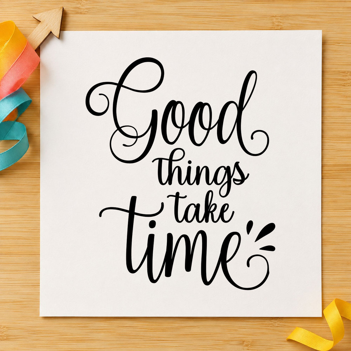 Good Things Take Time craft stamp imprint in black ink on a handmade project, one idea being crock jar gift tags.