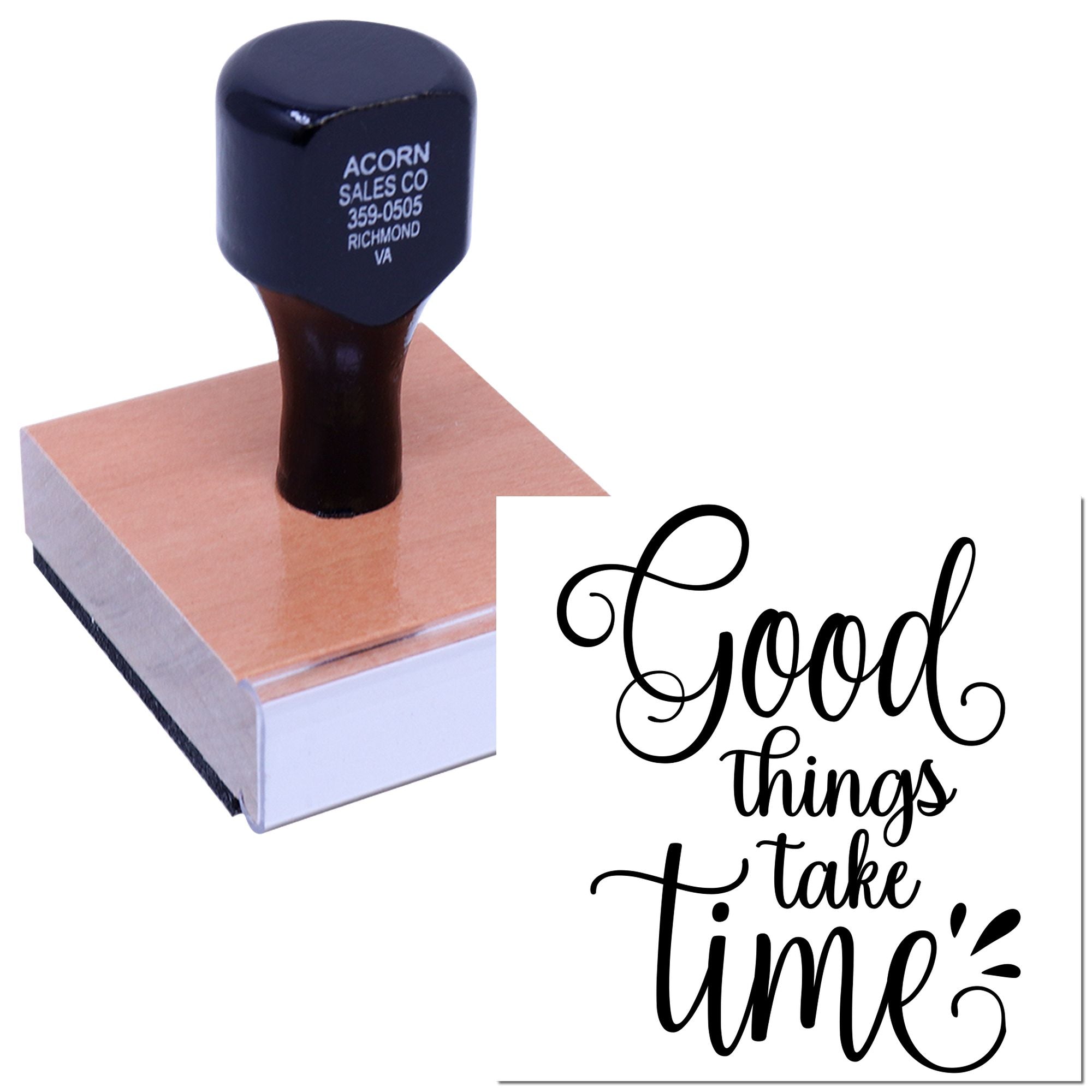 Mounted rubber stamp with handle showing a Good things take time design for crafts, packaging, or handmade branding.