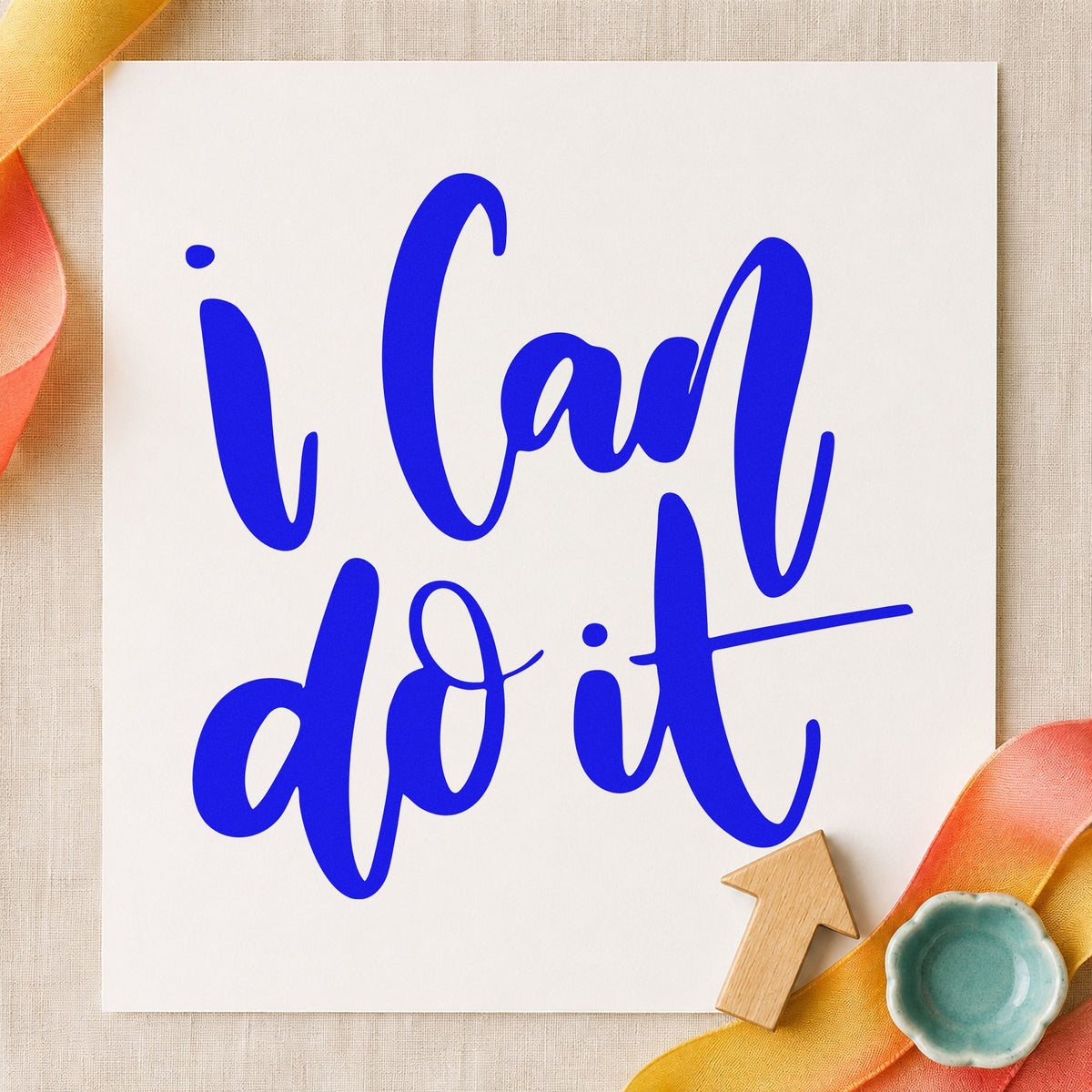 I Can Do It craft stamp in blue ink on cardstock, an easy option for backpack patch printing.
