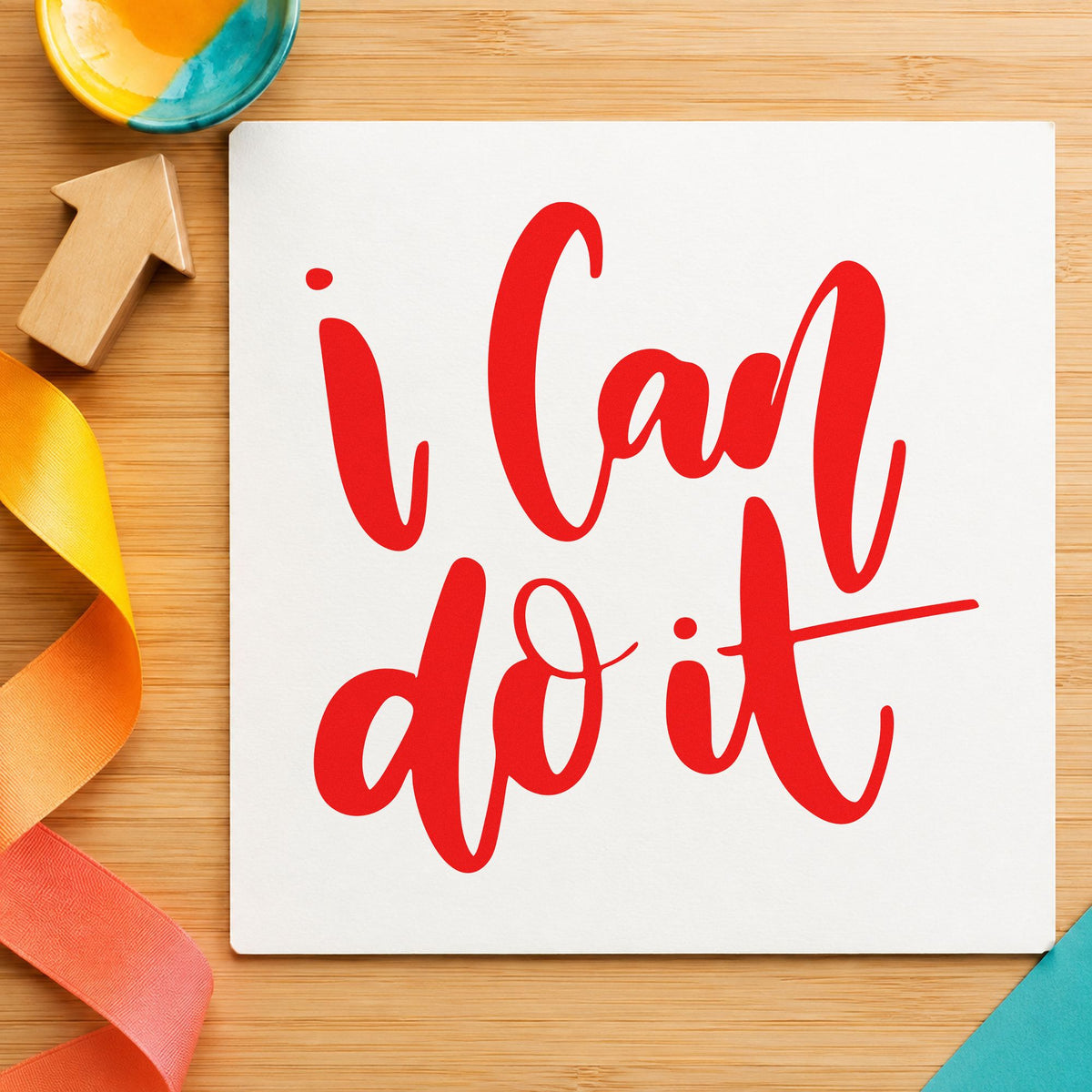 I Can Do It rubber stamp shown in red ink, stamped for projects such as bin supply labels.