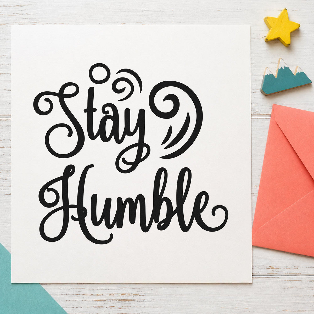 Stay Humble Decorative Swirls Script Lettering Stamp – Self-Inking in use 3