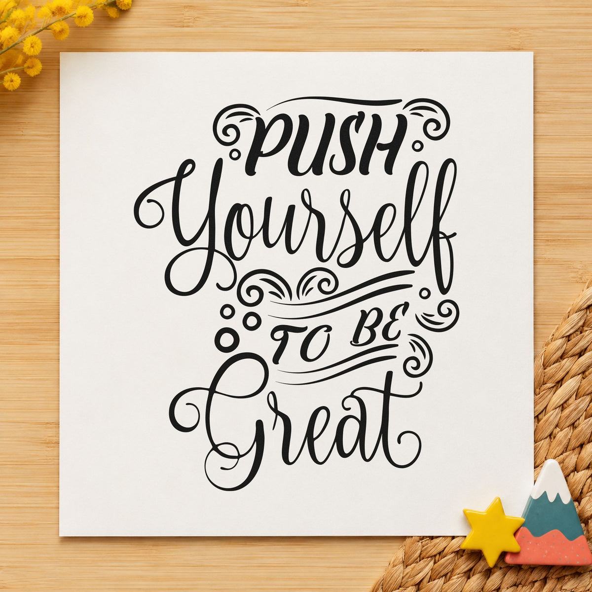 Push Yourself To Be Great craft stamp imprint in black ink on a handmade project, one idea being metronome gift tags.
