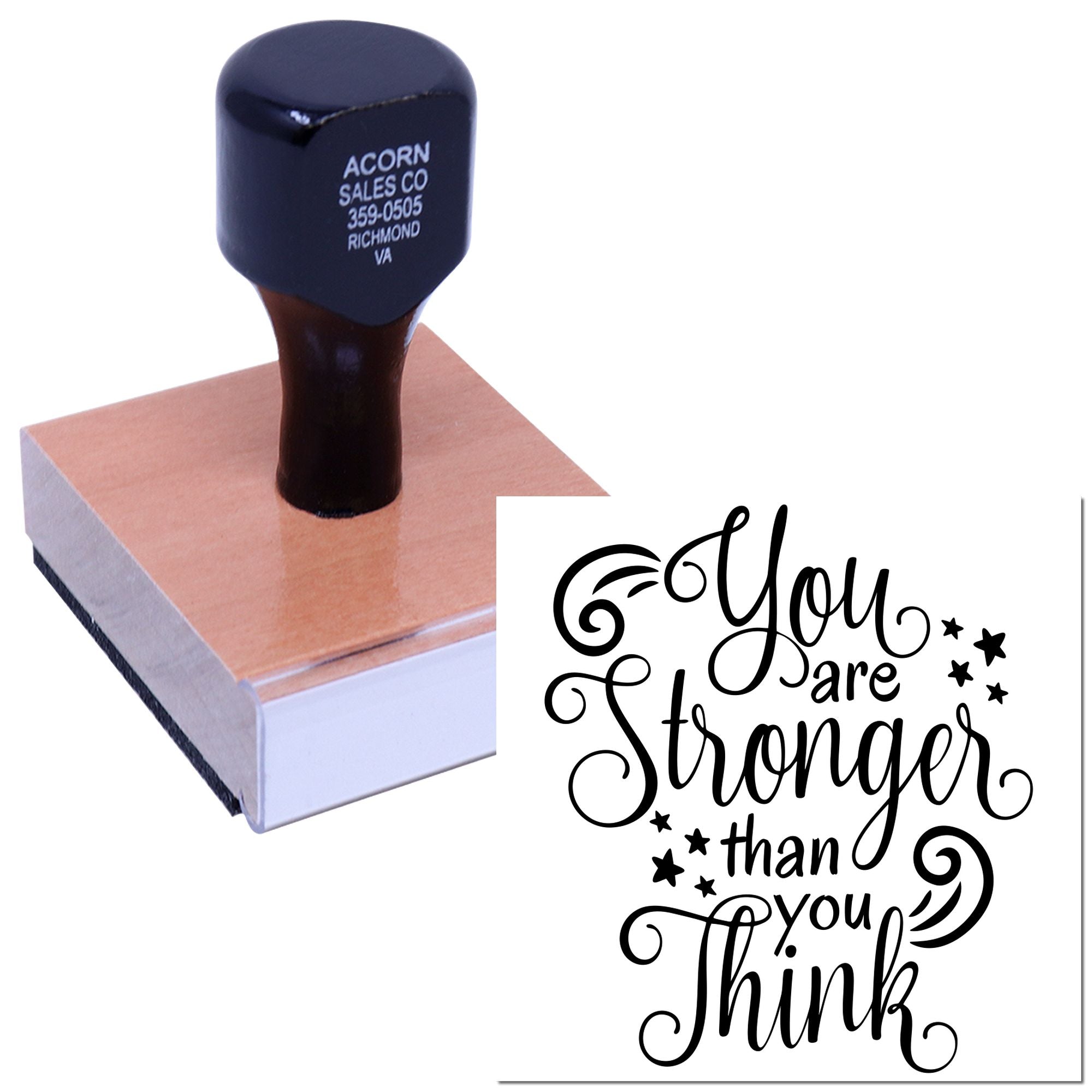 Custom rubber stamp featuring business address and inspirational quote design: You are stronger than you think.