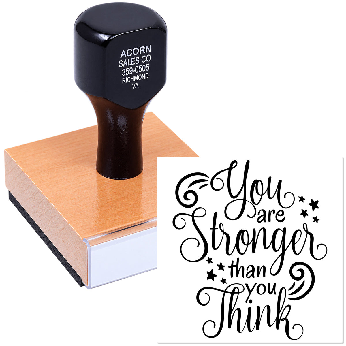 Custom rubber stamp featuring business address and inspirational quote design: You are stronger than you think.