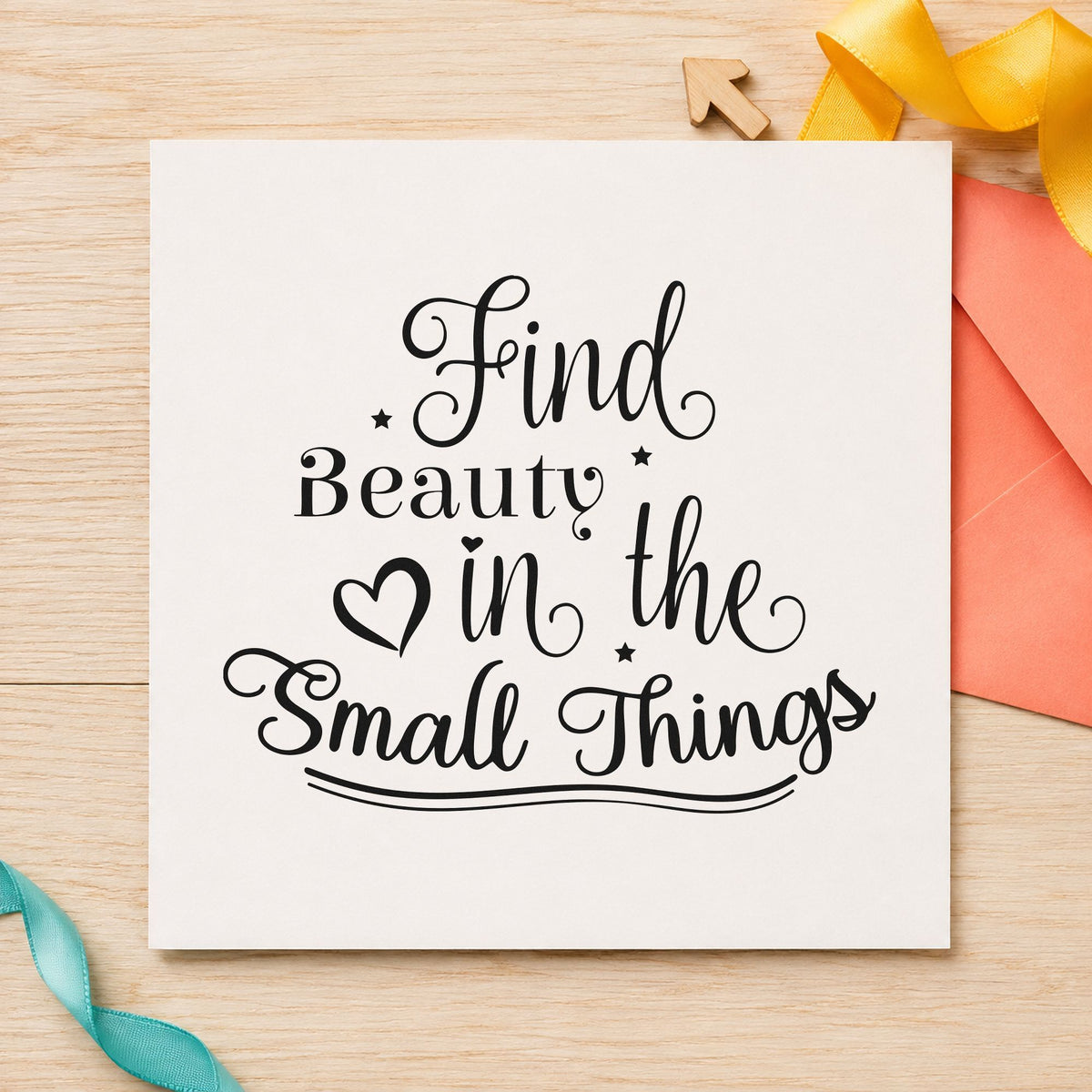 Find Beauty In Small Things craft stamp imprint in black ink on a handmade project, one idea being seed packet gift tags.