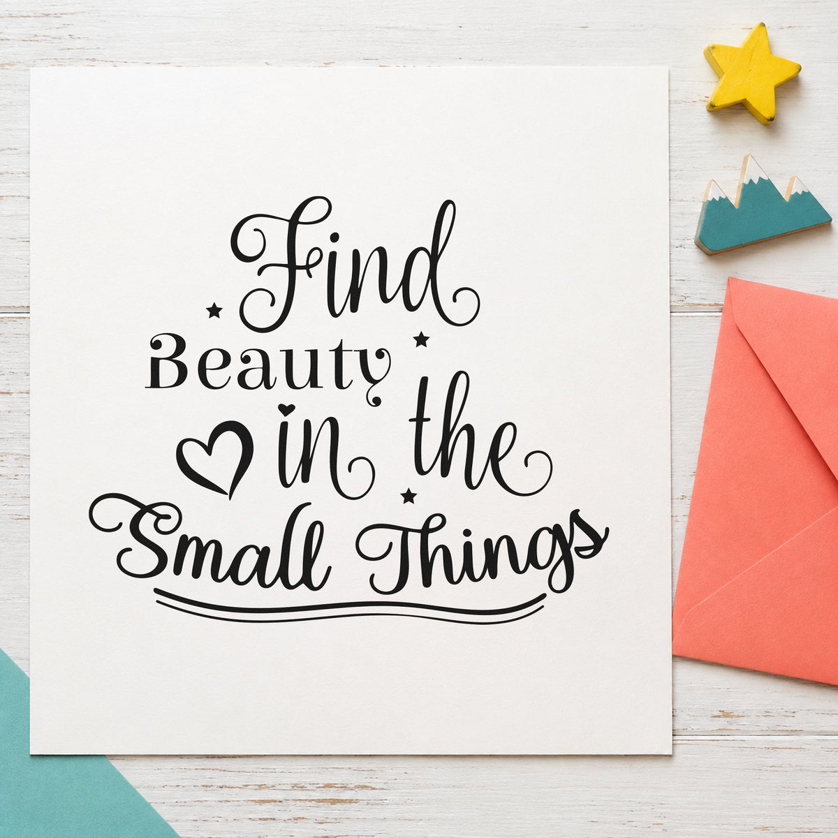 Find Beauty In Small Things rubber stamp printed in black ink, ready for field note sheet and similar paper crafts.