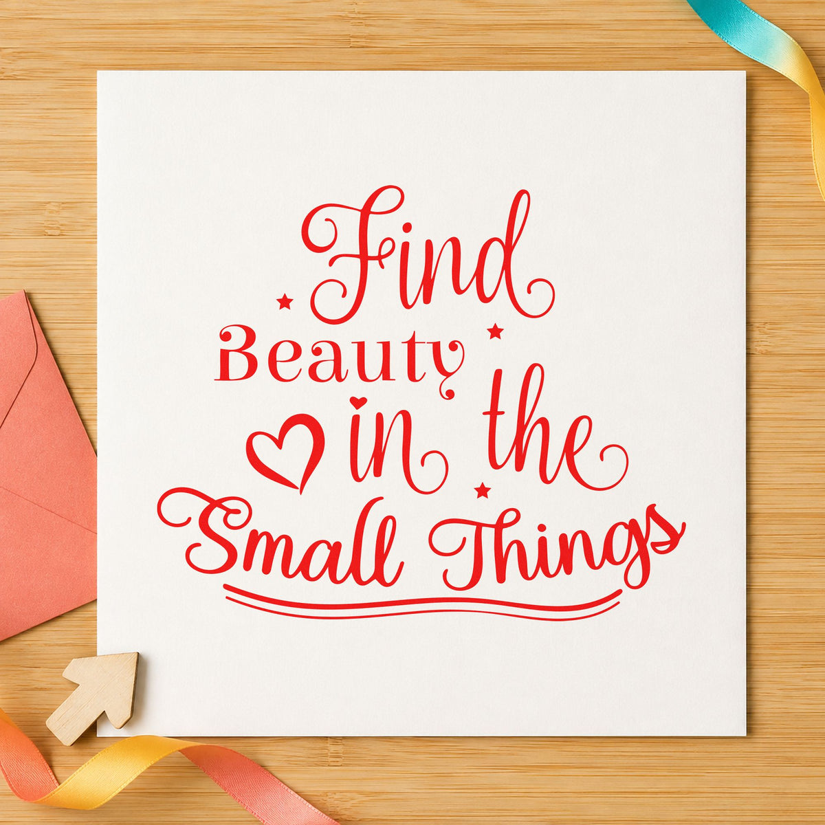Find Beauty In Small Things rubber stamp shown in red ink, stamped for projects such as tin specimen labels.