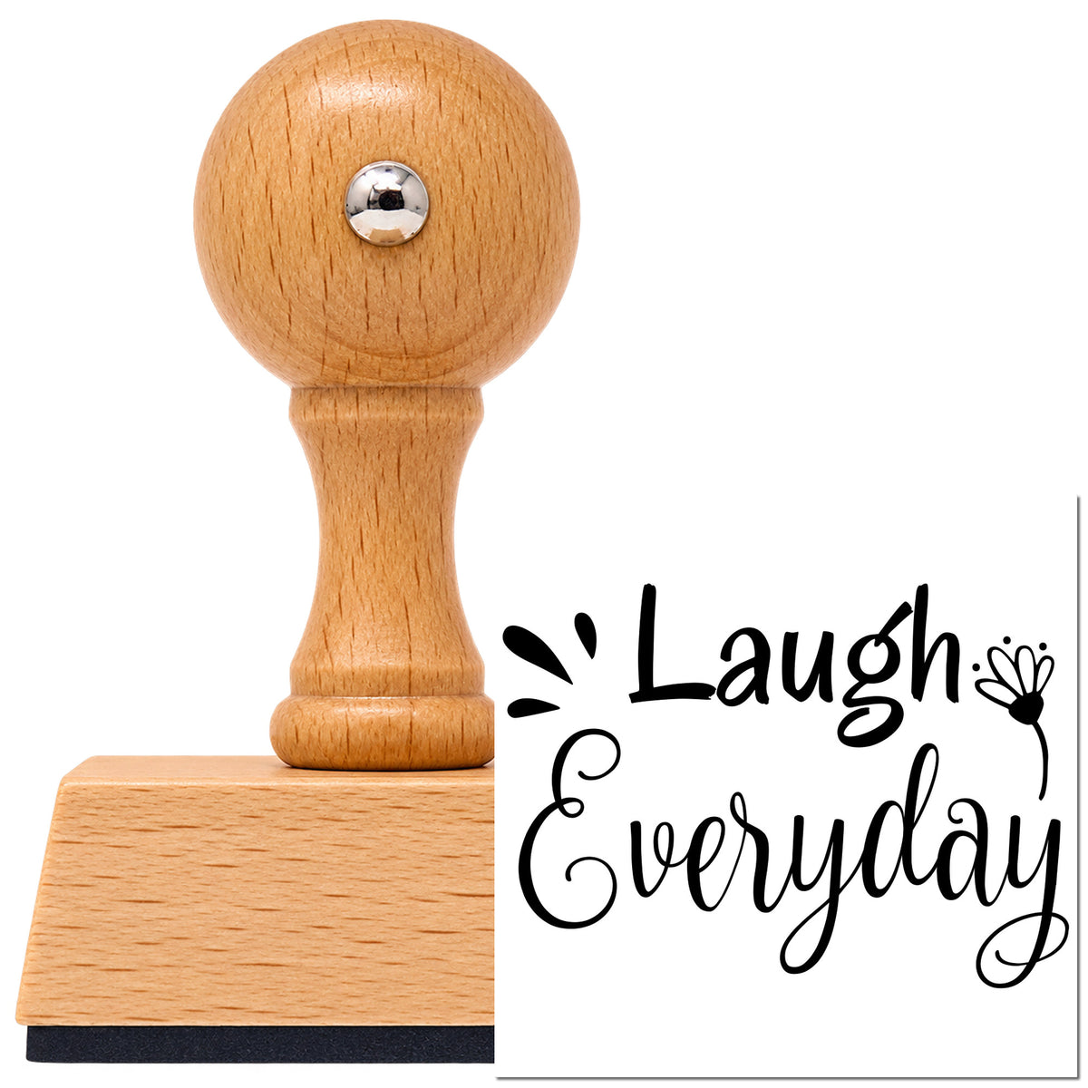 Laugh Every Day Flower Vintage Pro rubber stamp in European beech wood with a round knob handle, shown beside its black imprint.