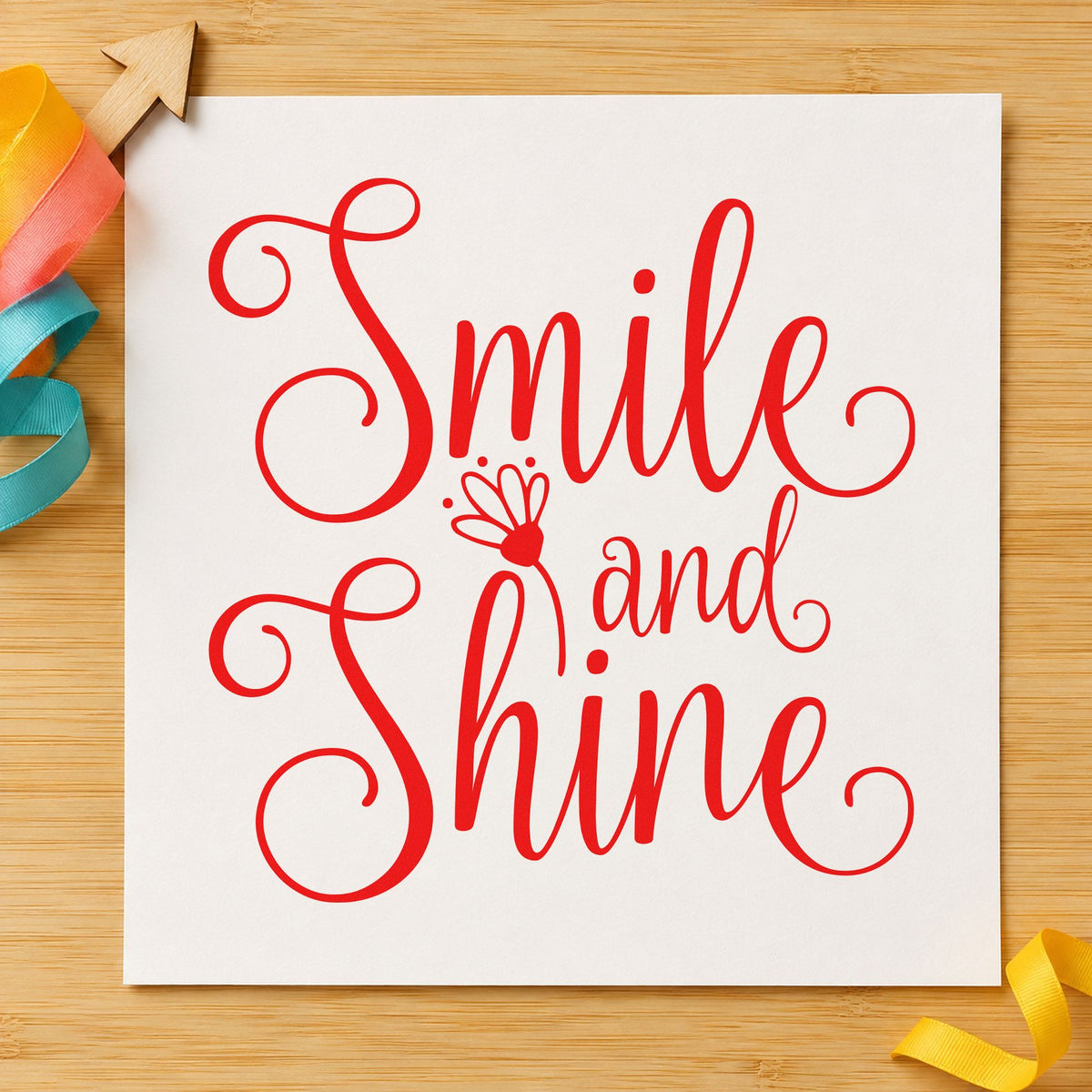 Smile And Shine Flower rubber stamp shown in red ink, stamped for projects such as drawer tool labels.