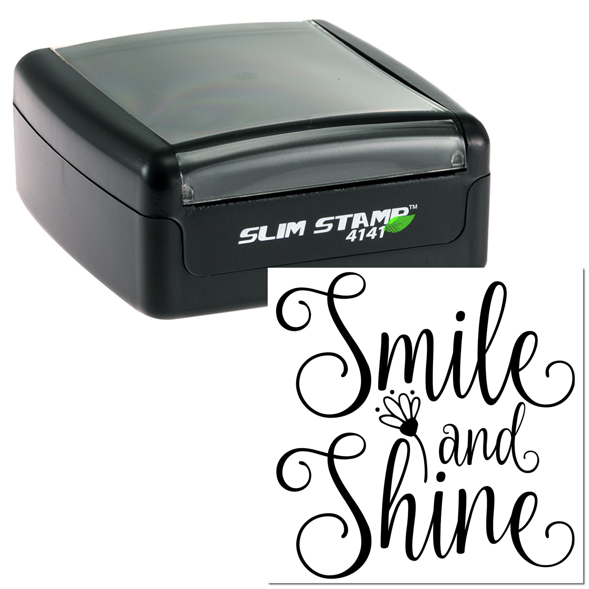 Slim self-inking rubber stamp with Smile and Shine design for custom cards, crafts, and personalized stationery.