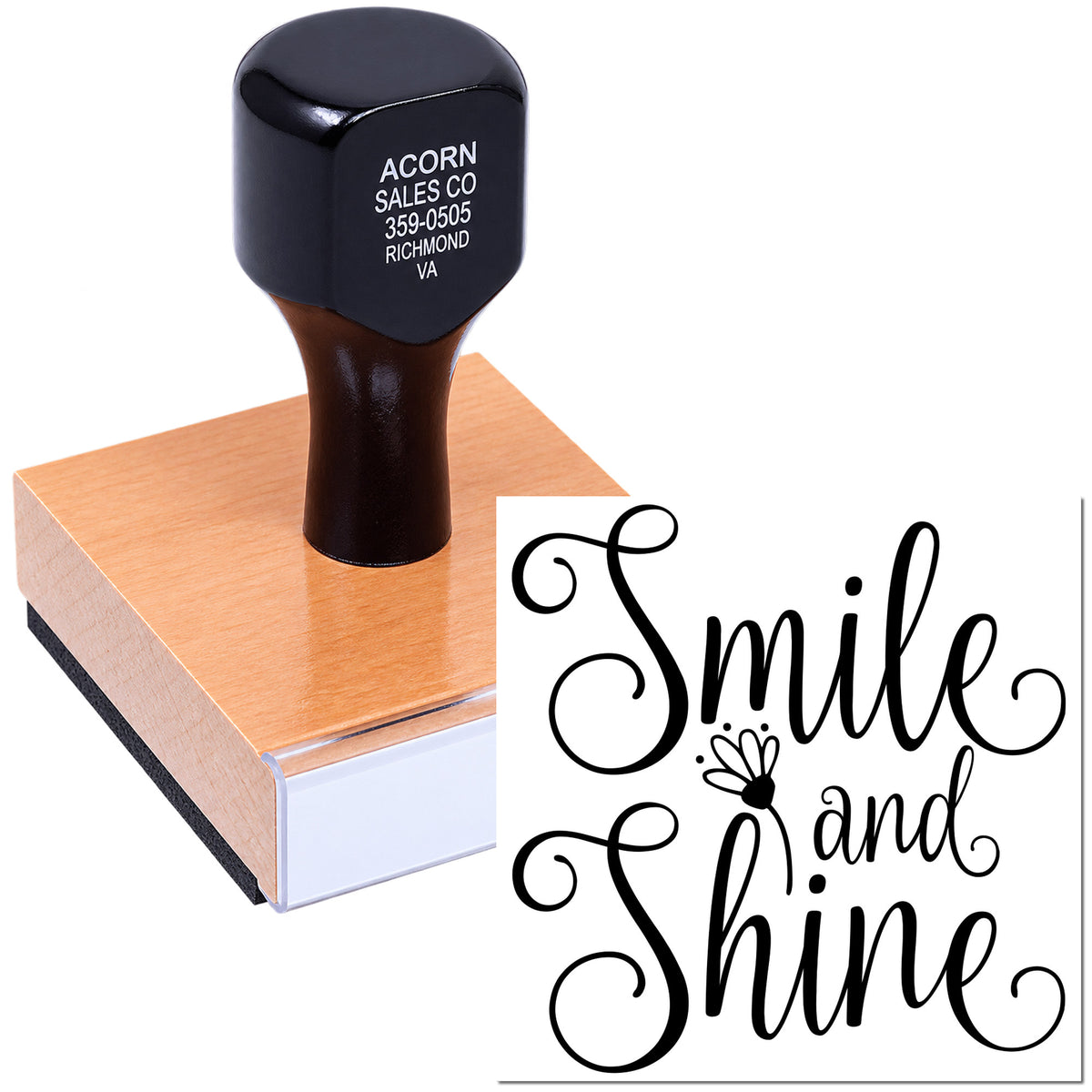 Custom rubber stamp with Smile and Shine script design for cards, crafts, and handmade packaging.